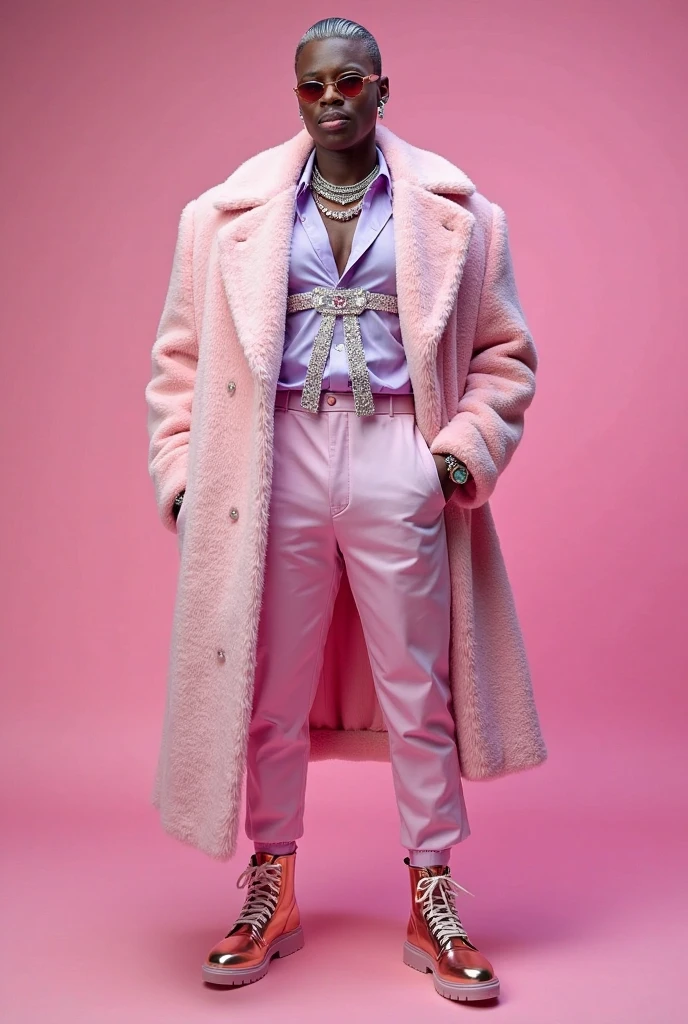aesthetic_pos3, dynamic_pos3,  Young dark-skinned man in a pink fur coat and dark sunglasses, viewed from a low angle against a blue sky with clouds. He’s wearing light blue leather pants, showcasing a bold, stylish look.