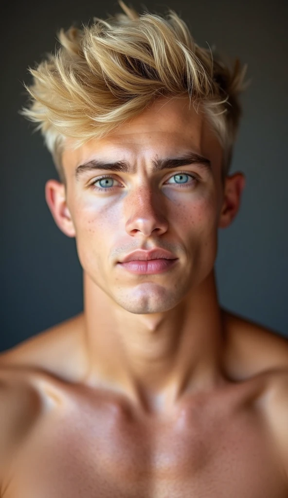 1 boy with perfect body, detailed white skin, with blonde hair, blue eyes high level, detailed facial pores athletic attractive body in var looking at camera sitting at table , ultra cinematic camera