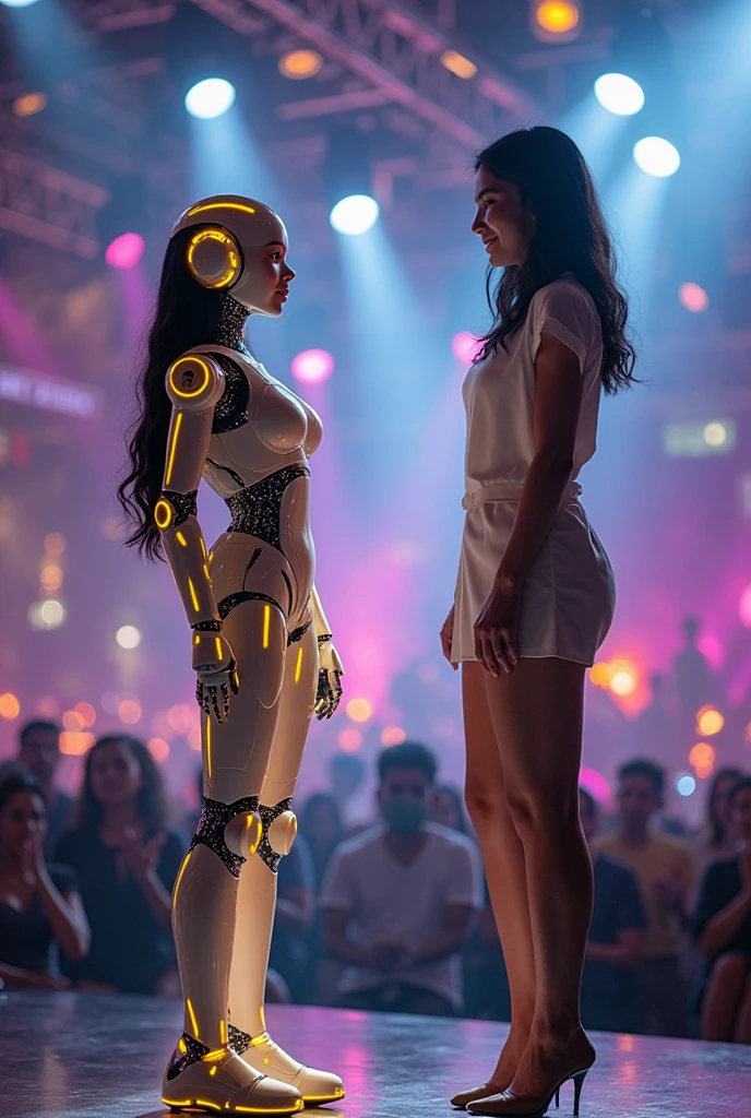 realistic photo of a (pretty girl, 20 years old, brunette, black eyes) as dancer dancing with a robot, (full lips) , ((perfect face)), [[mild smile]], proportionate body,mixed herritage, beautyfull, beautyfull face, tanned skin, two arms, two legs, five fingers by hand, full body, (softly curly black long hair), human girl and robot dancer dancing togheter on a stage, energy vibrant dancing, vivid moves, neon lights, tv studio
