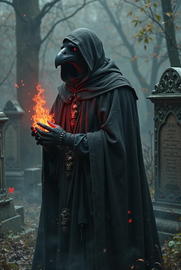 Humanoid Vulture, black cape, skull embedded in the cape on the left arm, skull embedded in the stomach, Dark energy