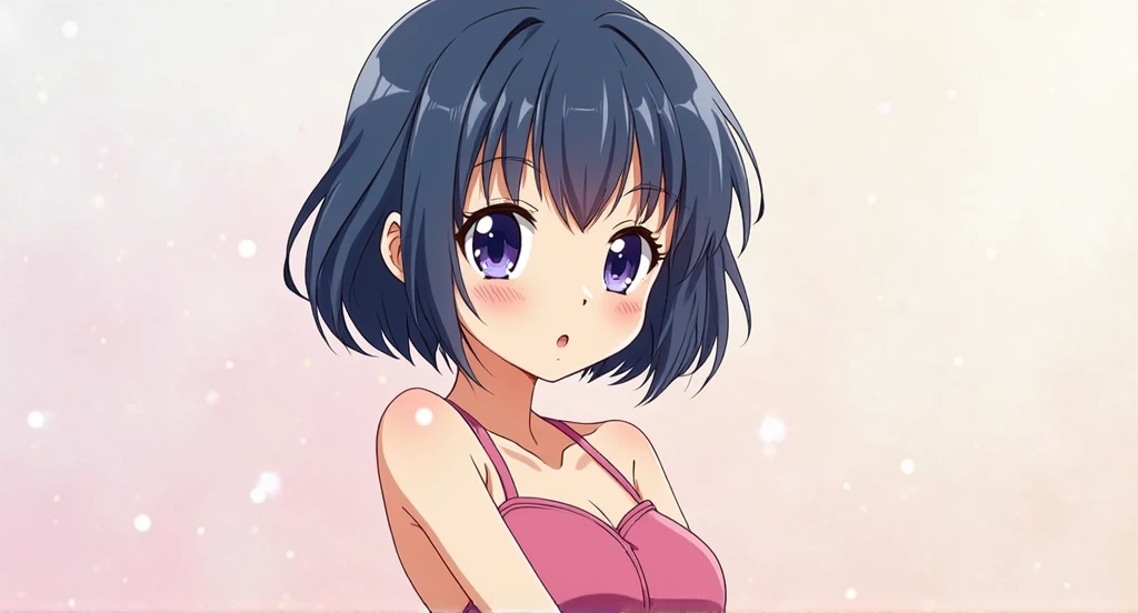 Hiro Segawa in White underwear, from Front View, touching her butt, about to tooking IT Off, blushing, she has very short purpoe Hair, Green eyes, a seductive Look, aggressive smile and has a thicc body, oily eyelashes, Anime style