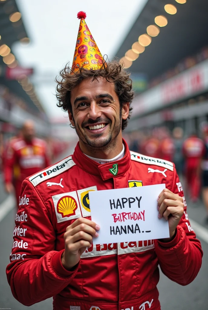 a muscular man without a shirt wearing the cap and pants of the Aston Martin F1 team of the year 2023 offering a birthday cake with the name "happy birthday Abril" on the cake. In the background of the image a group of shirtless young men on top of a Formula 1 car