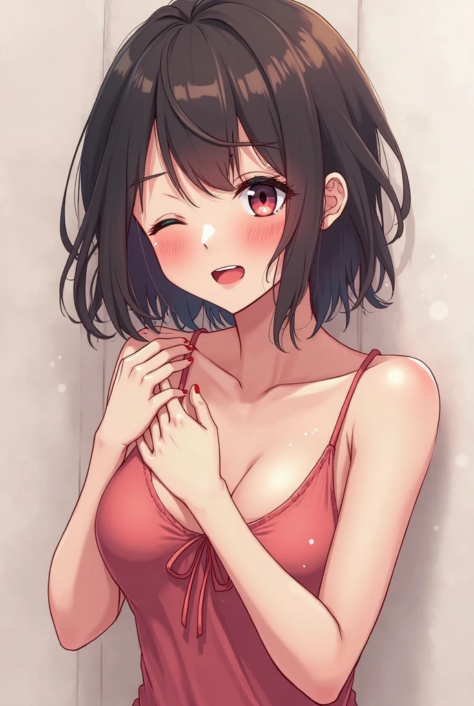 1girl, solo, medium breasts, happy, smile, (dark skin: 1.05), black hair, short hair, pixie cut, wavy hair, amber eyes, smile, open mouth, happy, (t-shirt, red shirt, camisole, jeans), looking at viewer, standing, ((arms behind back)), upper body, close-up, white background, simple bg, cg society, ultra detailed, masterpiece, best quality, 8k,