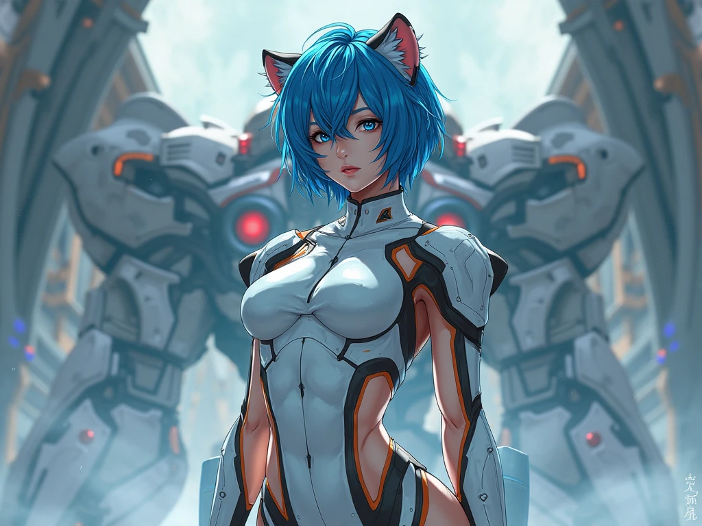 Super detailed、Virtual Woman, Blue shorthair, Shiny Hair, Glowing Eyes:0.5, Slim, White Kitten, v Arms, Leaning forward, A radiant smile, Shining Eyes, Futuristic