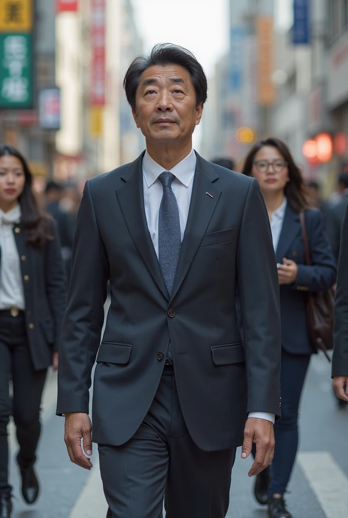 （（best qualtiy，8k，tmasterpiece：1.3））， 1 middle-aged Asian man， ssmile， full bodyesbian，A slightly vicissitudes of the face，Deep and wise eyes，Healthy standard of figure，Handsome appearance。with short black hair，White color blouse，blue denim pants ：1.1， Super detailed face， Detailed eyes， blur backgroun，Handsome face， 城市， do lado de fora， the street。HD photoreal，The characters are realistic。