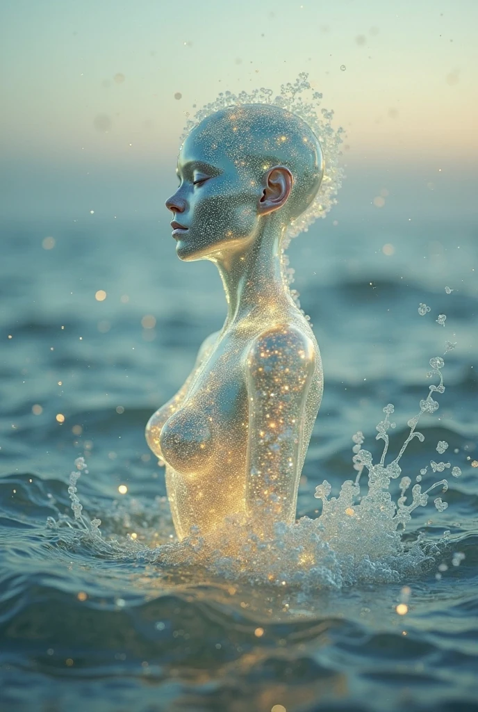 Beautiful woman,,Swimming in the water,the body is transparent,Beautiful as crystal,Elegant appearance,Emits a healing aura., Holographic fabric that changes color and texture, Psychedelic patterns, Sparkling Illusions, Haute Couture Illusion, The Holo-Delirium Epidemic, An environment filled with constantly changing holographic projections and disorienting imagery.,detailed, ,