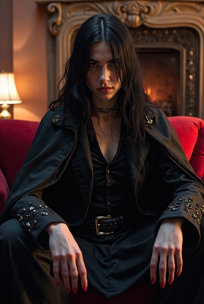 A sexy young male with delicate facial features, black long hair, teal blue eyes. Wearing full Gothic clothes. Holding a knife in his hand. He's wanted a serial killer. (((No facial or body hair))) (Male) (Black and red) (Smirking maliciously) (malicious) smirking and narrowing his eyes with a malicious expression. (((Seductive))) Blood. (Sitting with his legs crossed.) Holding his knife to the camera. 
