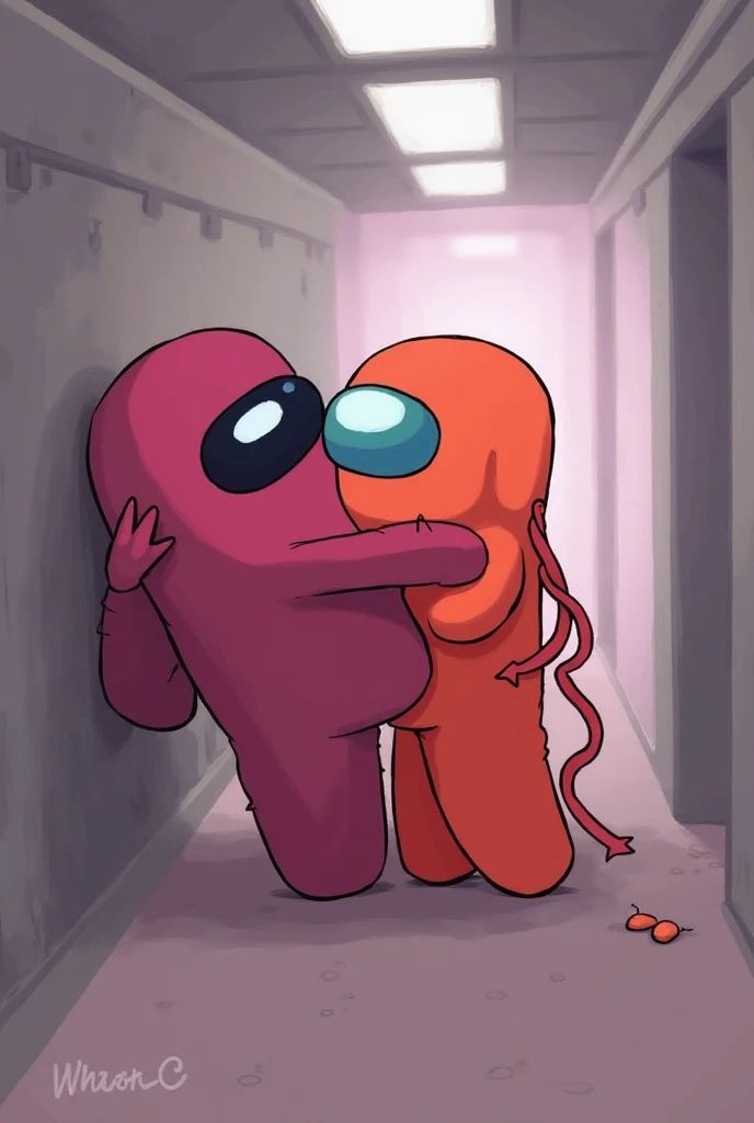 Create an animated thumbnail, with a red guy is killed a blue guy and then a yellow guy is in front of the dead body of blue guy. And a purple guy is behind yellow guy theme among us game