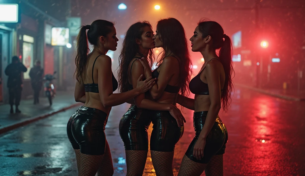 Girls dancing in the club, sweaty, schoolgirl uniforms, wet, wet hair, dance club, foam party, smiles, playful, ((foam)), foam pit, see through, skimpy, oily, oily clothes, dripping oil, slimy, slime covered