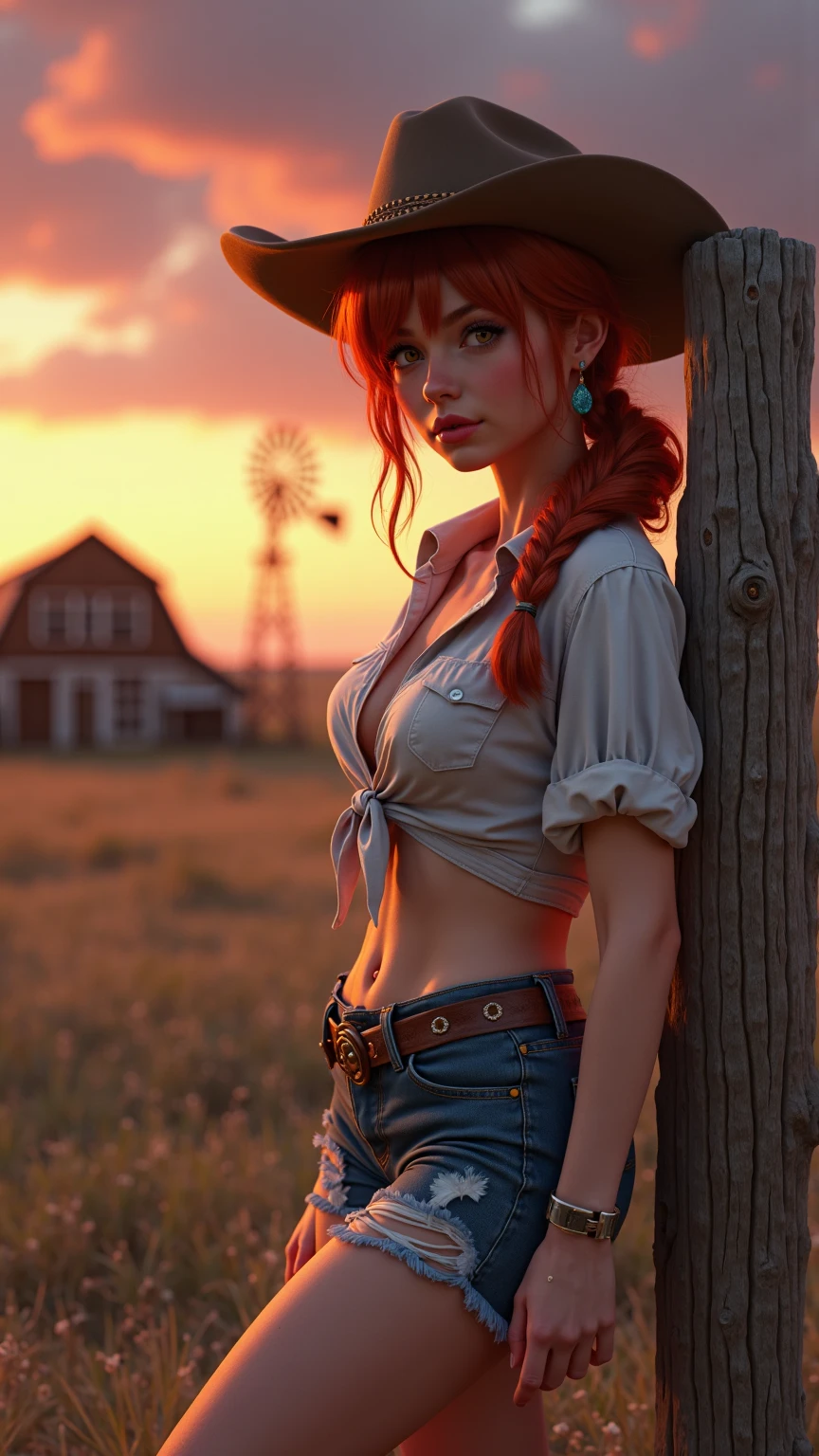 (8k, ultra high res, best quality, high_quality, masterpiece:1.2), realistic, (ultra detailed eyes and face), (ultra detailed beautiful skin), solo, 1 girl, sexy woman,  long red hair in braided ponytail, slender body, large breasts, Cowgirl, wearing only plaid shirt that leaves breasts exposed, (cleavage:1.2), looking at viewer, pretty smile, cowboy boots, standing in field, nsfw, model is nude except for shirt, model is not wearing anything to cover her ass or vagina:1.6,