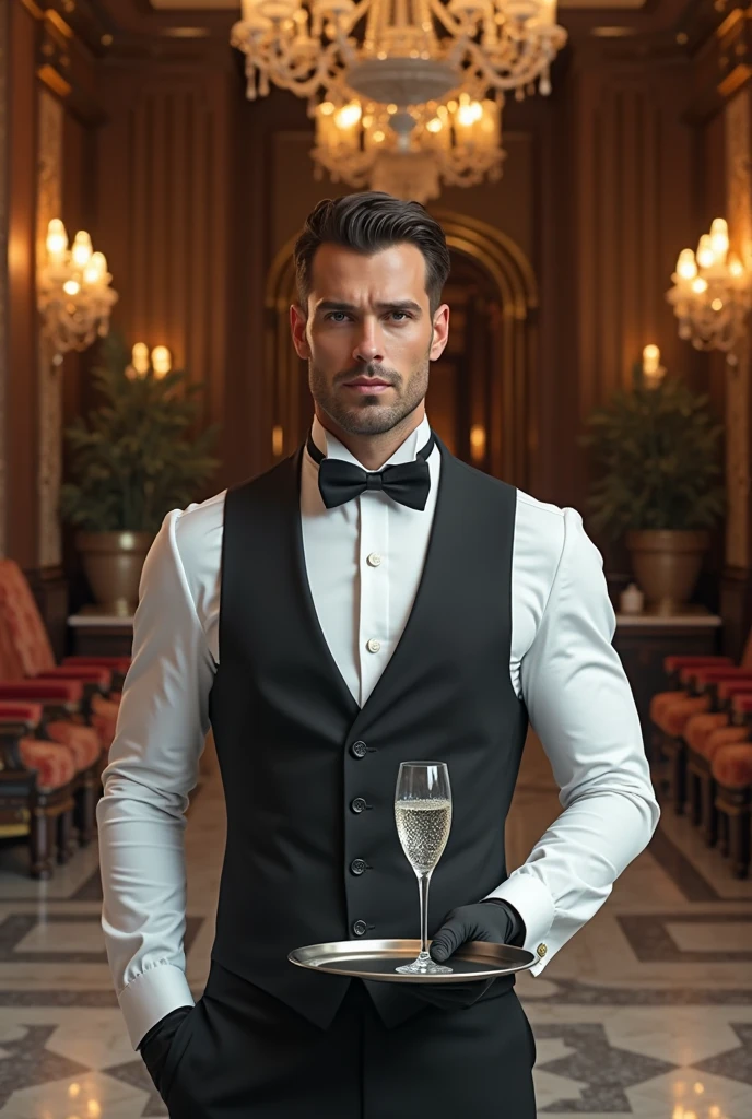 hot and sexy young butler with short black hair and bright blue eyes wearing tight black dress pants, white wrist cuffs, no shirt and a bow-tie, abs, pecs, biceps and perky nipples. Facial stubble, Silver tray of wine, Old fashioned study, detailed old fashioned rug on floor, framed treasure map on wall, ornate antique desk lamp. <lora:muscle_slider_v1:-2.5> <lora:skin_tone_slider_v1:1> <lora:vintage:1>
