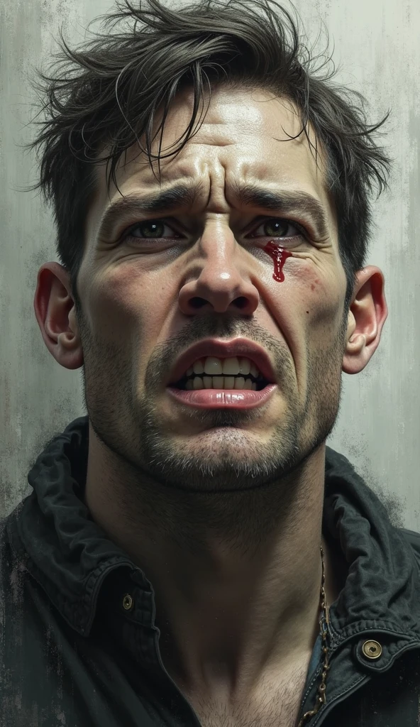 blood, bruises, pain closed eyes and blood