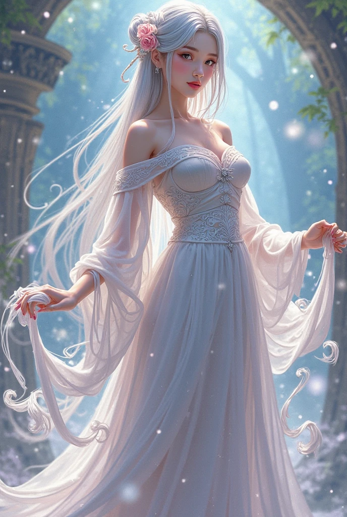 romanticism lain, hyper HD, Ethereal, mistic, Full body portrait of a beautiful and attractive young woman, Flawless angel face, Endless extra-long blonde hair, Flow around her, blown in the wind, (A soft rainbow of smoke floated around her body) Like an elegant dress ((Composed of vibrant and vivid, smooth, soft swirls of billowing smoke and colorful cosmic nebulae)), in the background ((Stunning crystals and a variety of colorful minerals: 1.6)), Cinematic, Fantasy art, Photorealism, hyper photorealism, Highly detailed, trending on artstationh, Sharp focus, Best shadow, Best quality, Dynamic composition, studio photo, Intricate details, 16k, primitive, simulating, Digital SLR,