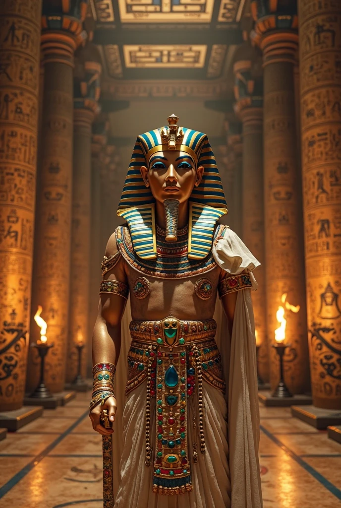 a close up of a statue of an egyptian pharaoh with a fire bowl, the egyptian god, egypt god, egyptian god, temple background, egyptian atmosphere, egypt themed art, egyptian setting, egyptian mythology, wind egyptian god, background depicting a temple, egyptian style, from egypt, egyptian symbolism, pharaoh, an ancient city on fire, ancient god, colorful city in ancient egypt