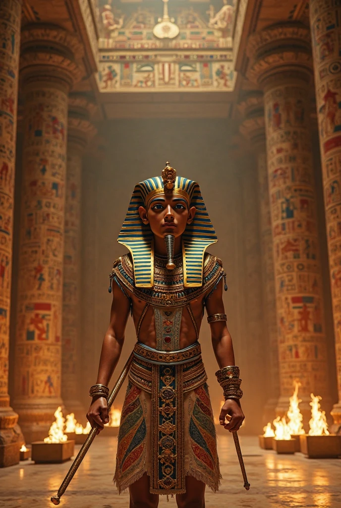 Egyptian Anubis sitting on a table of gold and many jewels while writing on a parchment with a background window at night filled with futuristic buildings