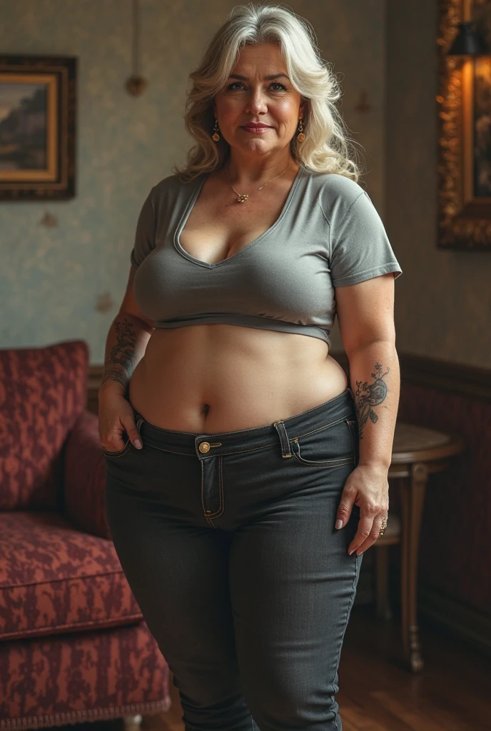 Overweight overweight 60 year old American aged women wearing bikini cargo shorts .with blue lipstick white gloves and white hairs looking so hot while posing inside her room
