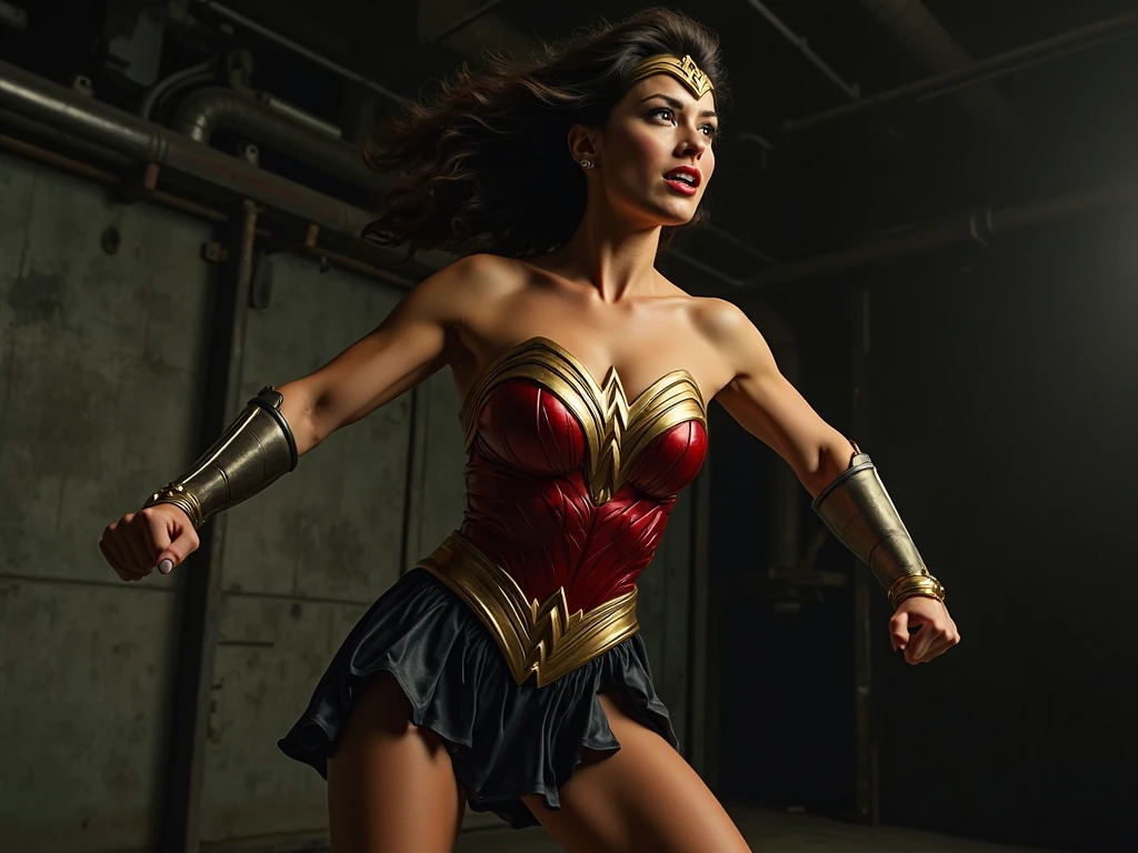 Wonder Woman using her noose against a bank robber, the golden ribbon glistening with power as it wraps around the thief's wrists, capturing it effortlessly. Wonder Woman is tall and confident, his iconic red and blue costume accentuated by the vibrant colors of the scene. The inside of the bank is full of panicked civilians, huddled behind desks and clutching their belongings. The lighting is intense, casting dramatic shadows and highlighting dynamic action. A sense of urgency fills the air as Wonder Woman protects the innocent and thwarts theft. Artwork, pintura digital com texturas realistas, --AR 16:9