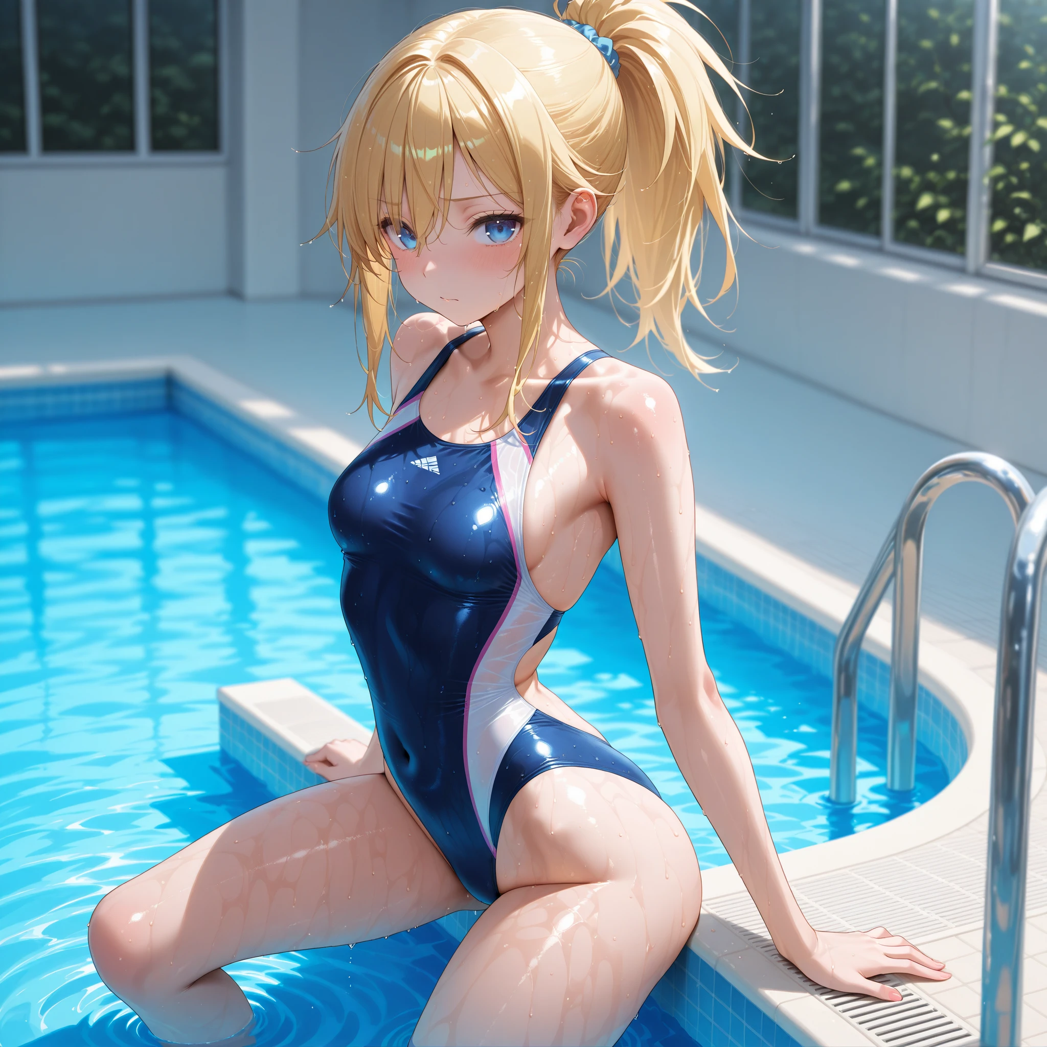 Top image quality、8K picture quality、hightquality、Detailed picture、1girll、独奏、full body Esbian、Marie Rose、A smile、Embarrassing、red blush、small plump breasts、small tits、(protrusion at the tip of the chest)、(Slender body))、(Nipple sheer:1.4)、((Shiny Blue Metallic))、((Sleeveless))、((High neck competitive swimsuit))、(highleg)、(Stick hard into the crotch)、((Squatting on the ground))、(((Open your crotch wide from side to side)))、(Opening legs)、((Arms behind your head))、((Show off your armpits))、((pin heels))、(gazing at viewer)、(Facing the viewer)、(Keep your feet open to your audience)、(white thighhig)、in poolside、profetional lighting、Frontal shot