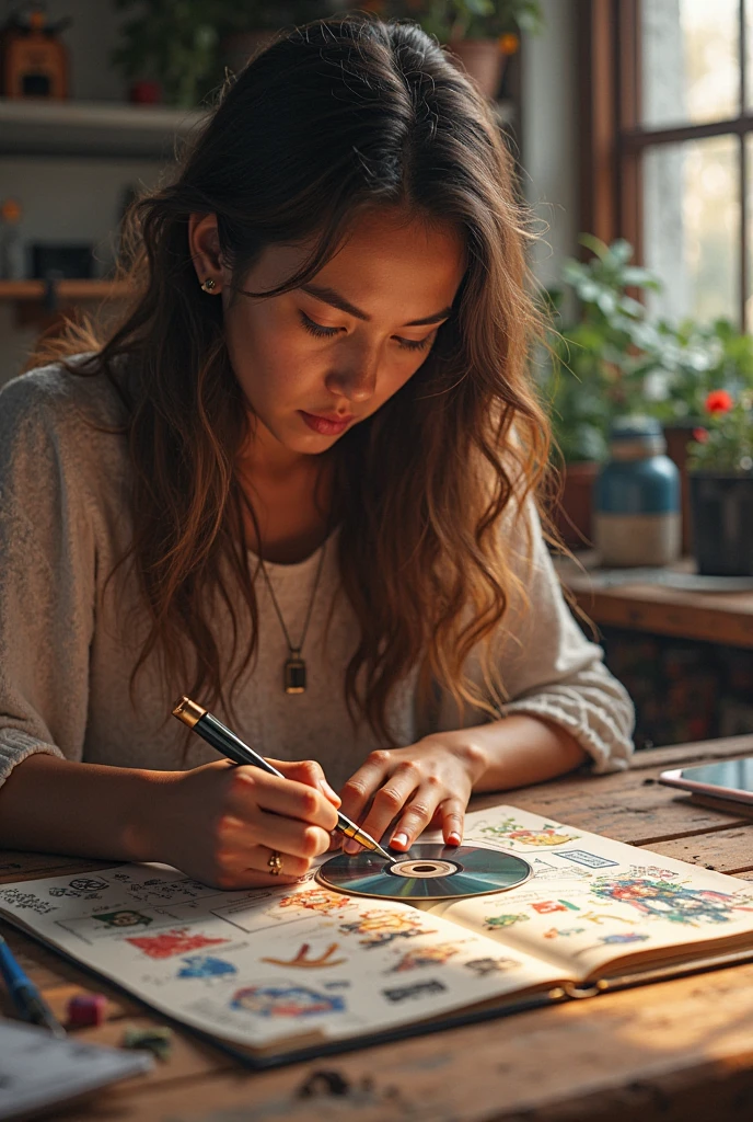 An overhead view of a woman writing on her arm with sea animal tattoos and a cluttered pastel or watercolor planet desk