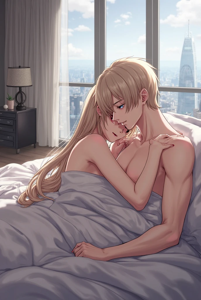 ((Highest quality)), ((masterpiece)), (detailed), （Perfect Face）、The woman is Princess Leona,  with long light brown hair.、On a luxurious bed, the woman is snuggled up to a  elderly man with a look of relief on her face, and the man and woman are in love, embracing and kissing each other.、The woman has long hair