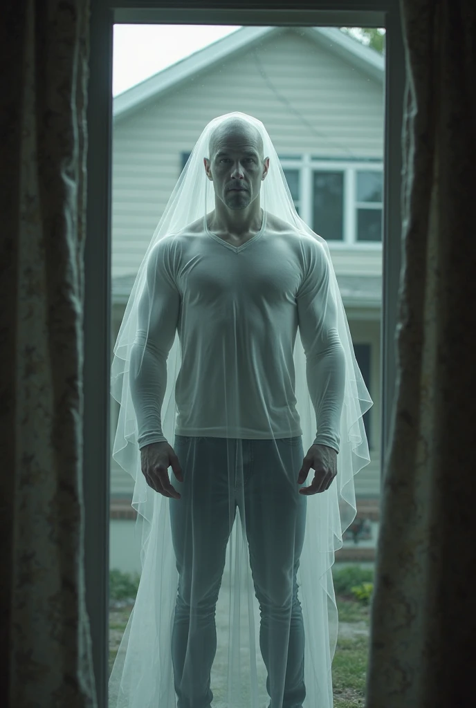 Personnage masculin transparent on voit le décor qu'il y a derrière lui à travers lui, il n'a pas un constitution physique palpable, il a des blessures graves et profondes, he has completely black eyes, il porte un jean, transparent ghost, in a house, effrayant...