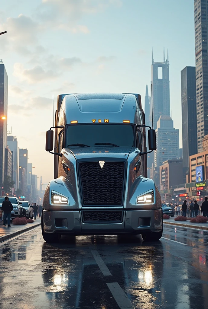 Create a concept sketch of a rugged large truck and trailer embodying the energy of photons, featuring glowing accents and electromagnetic-inspired detailing, ultra detailed, hyper realistic, 8k, vibrant colors, sharp crisp image