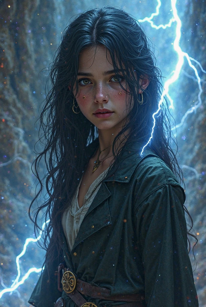Girl with anger in the middle of a thunderstorm with lightning and thunder and rain and with wet hair digital art