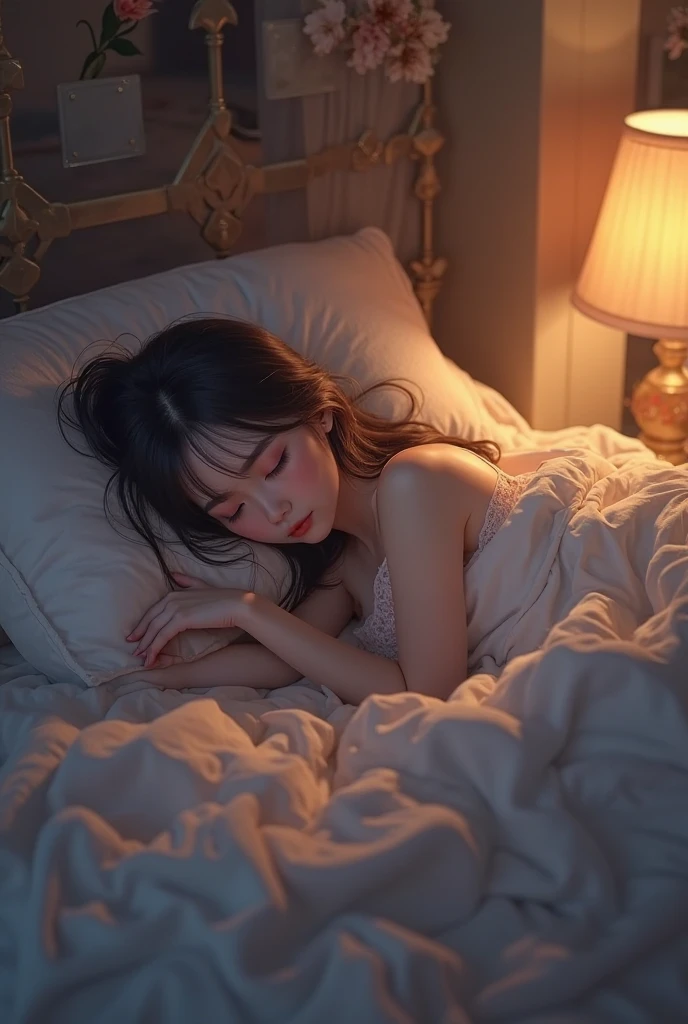 hotel,(dark room:1.6),(night:1.3),bed,1 girl,on_back,(asleep:1.2),no_light,no_lamp,(The camera lay next to her face:1.1)