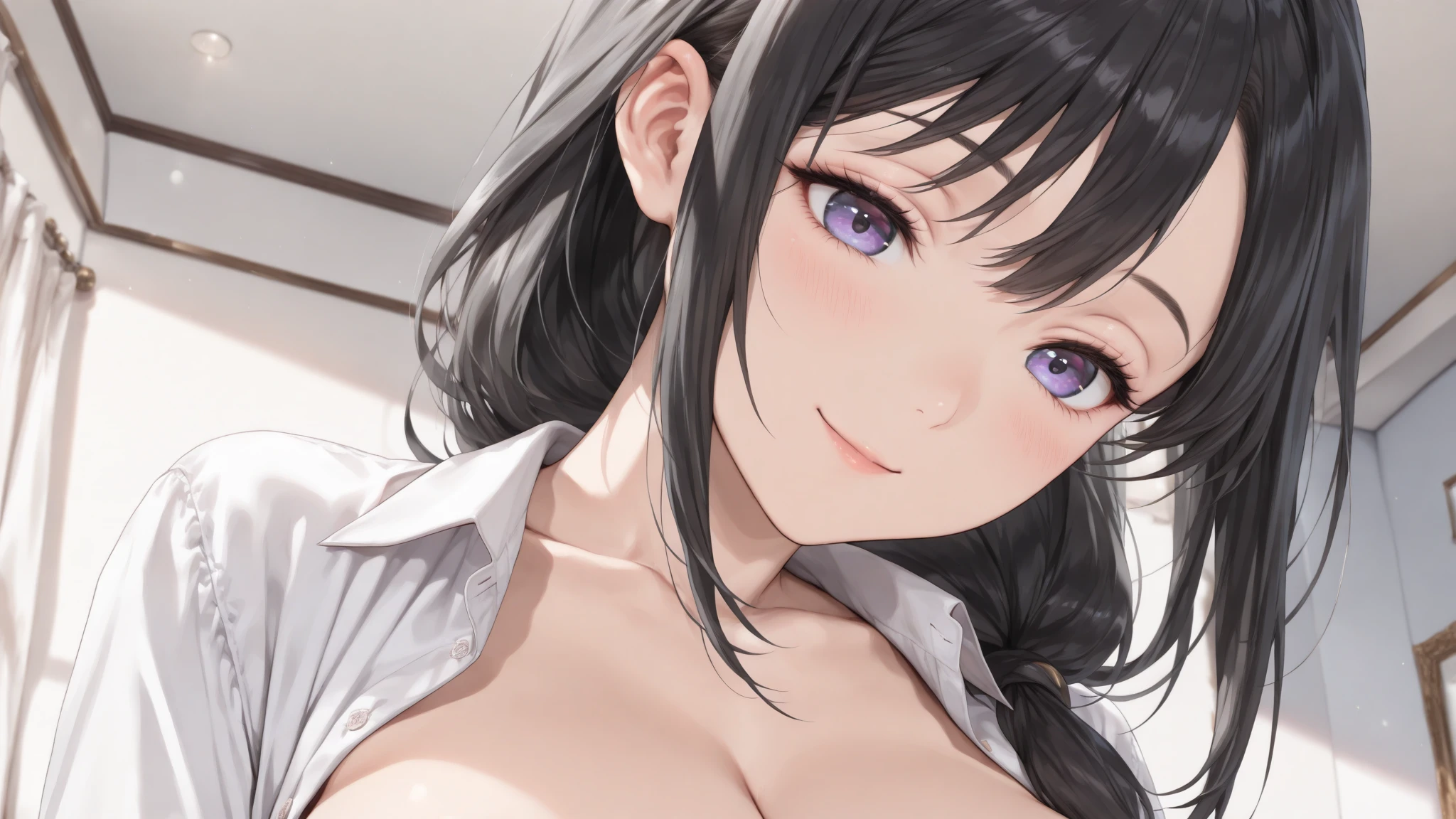 black hair, purple eyes, sexy, large breasts, sexy, beautiful body, masterpiece, smile, bedroom, nude, naked, nipples,Sexual Intercourse, (cum in pussy),(breast milk)