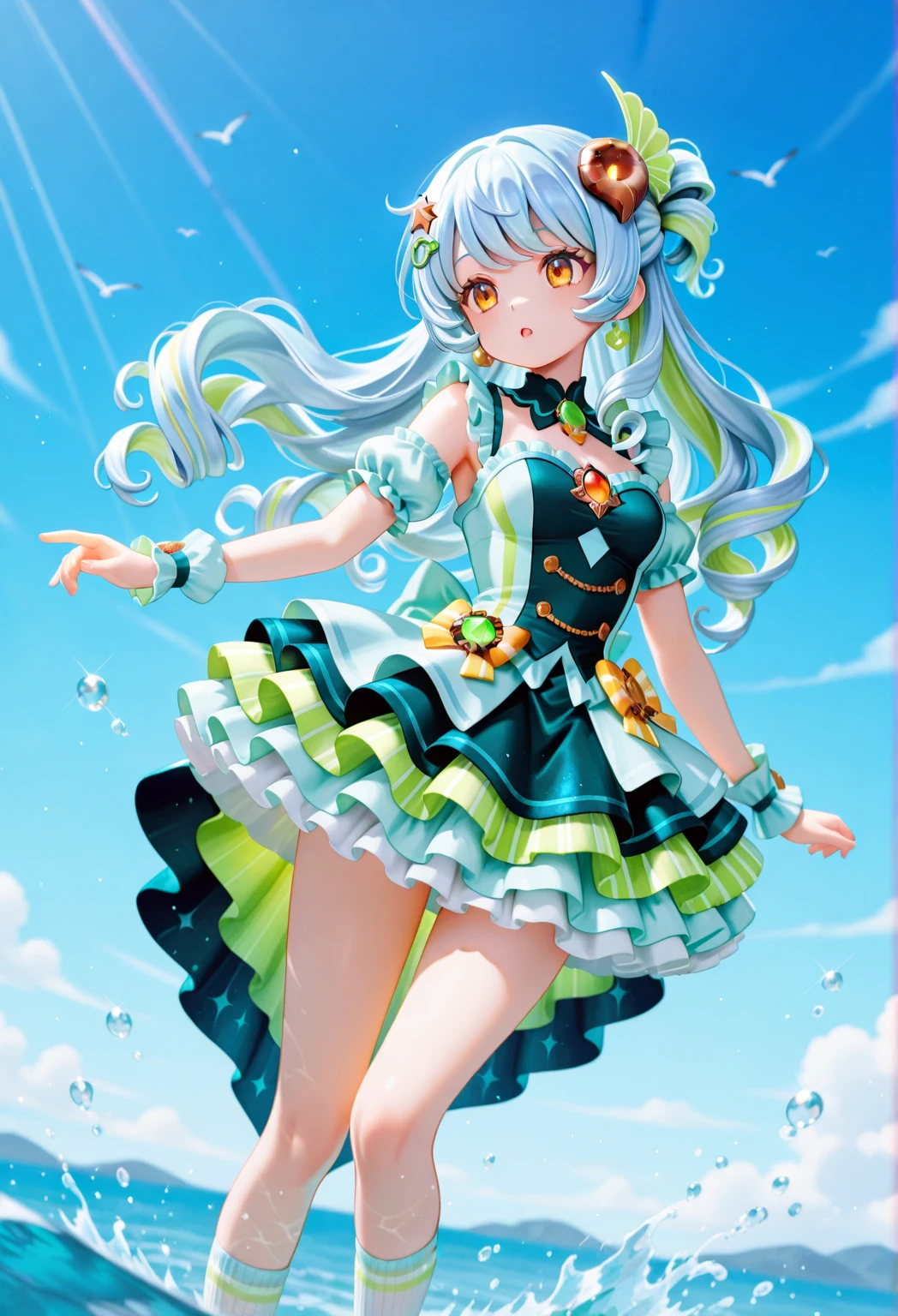 1girl, solo, Umizukuri Anmo, Ammonite Girl, light blue hair, curly hair, curly bangs, green swirly hair with one point, (light blue hair with one point green stripe hairstyle:1.5), long hair, amber eyes, lots of highlights, (small ammonite hair ornament:1.3), ammonite shell, water shavings, (dress with ammonite shell as one point, light blue and teal blue idol style dress, gothic style dress, amber brooch, wearing socks with many frills on one side),