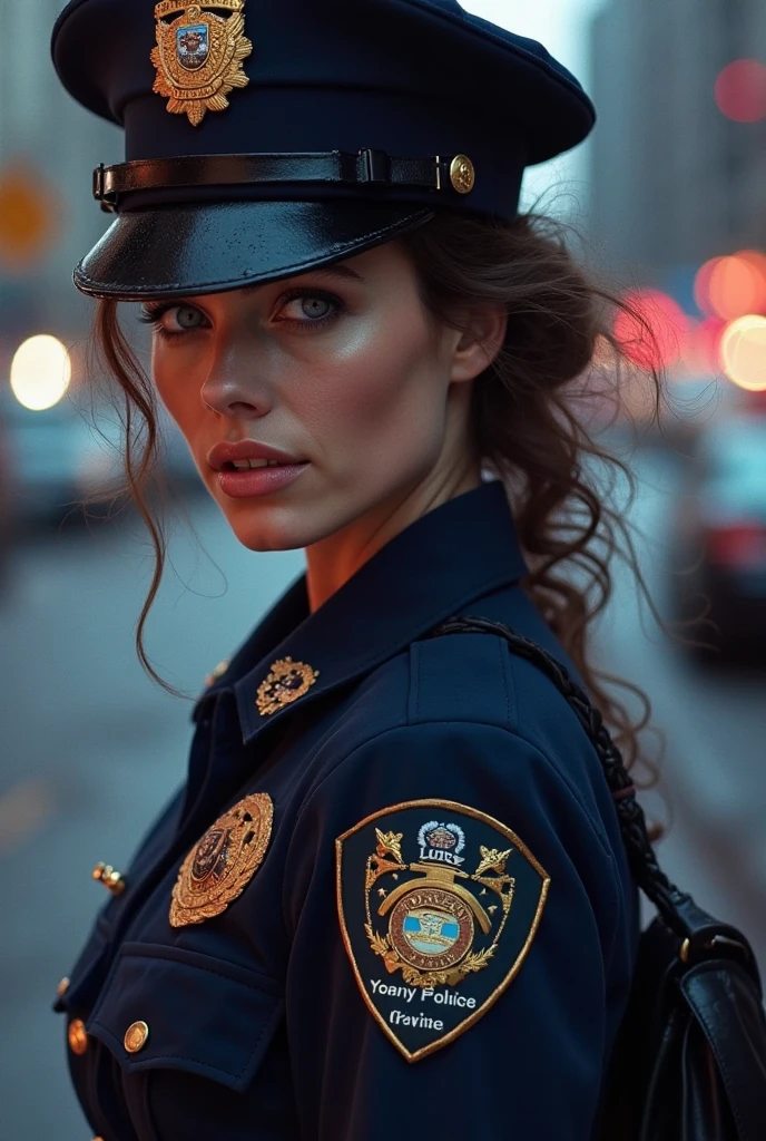 alone, (police uniform, the policewoman), Socks, city lights, (looking up at the audience: 1.3), Lips apart, Red lips, shiny skin, Dents in the skin, best quality, ultra high resolution, (真实感: 1.2), (( Full body)),((full Body)),