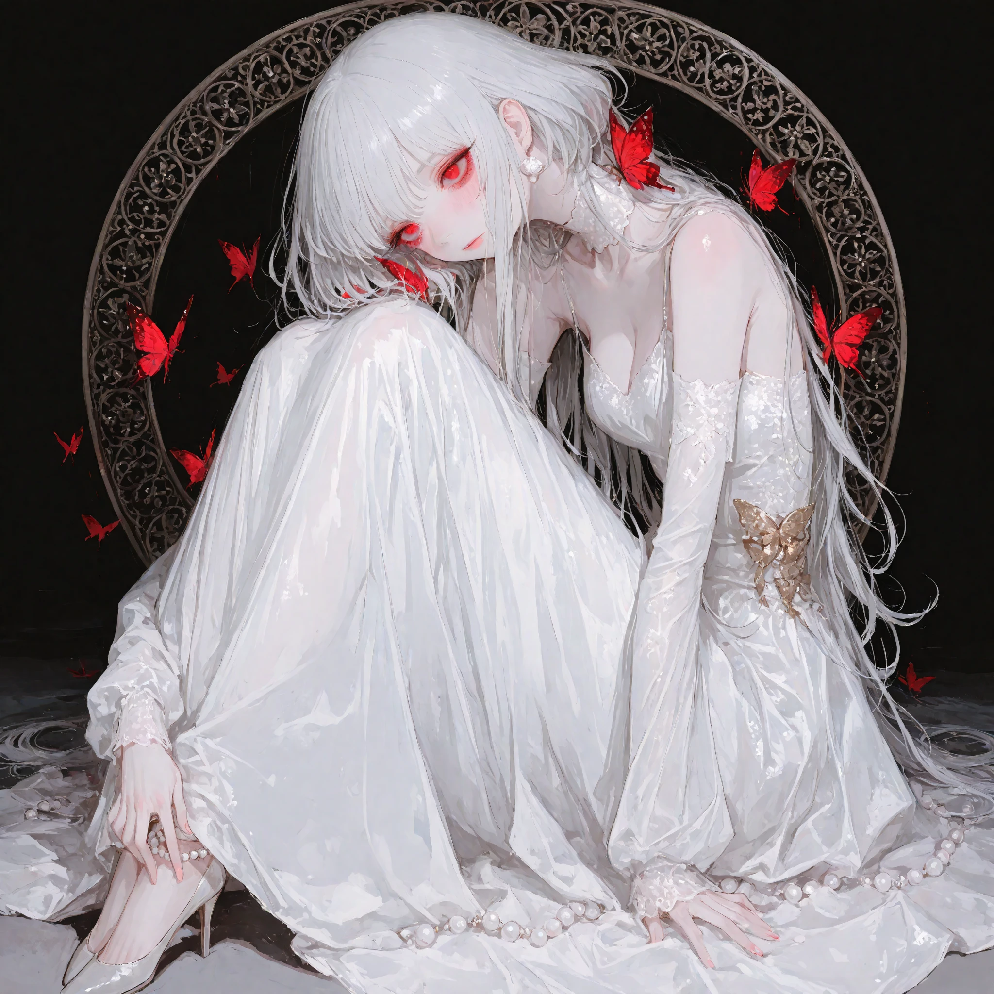 ((best quality)), ((masterpiece)), (detailed), 1girl, Character design, female, dynamic poses, long white grey hair, grey white eyes, very skinny, detailed, best quality, no accesoires around the neck, no shoes, prominent collarbones, skinny arms, flat stomach, visible hip bones, full body, blank white background, plain background, white background, red and white clothing, Bloodborne inspired, occult aesthetic, occult, detailed and intricate steampunk and detailed gothic, NSFW, Very dramatic and cinematic lighting, cosmic horror, grim-dark, side-lighting, perfect face, NSFW, Fluttering lace flared long knee length dress with frilly petticoats, knee length dress, pleated petticoats, petticoats gothic, complex lace boots, side-lighting, gothic aesthetic, wielding a mighty sword with mechanical components, mandalas, small breasts, a fairy, various different types of insect wings, NSFW, full body, whole body, body, plain background, white background, blank background, no background, white background NSFW, chains, full body, whole body, head-to-toe NSFW