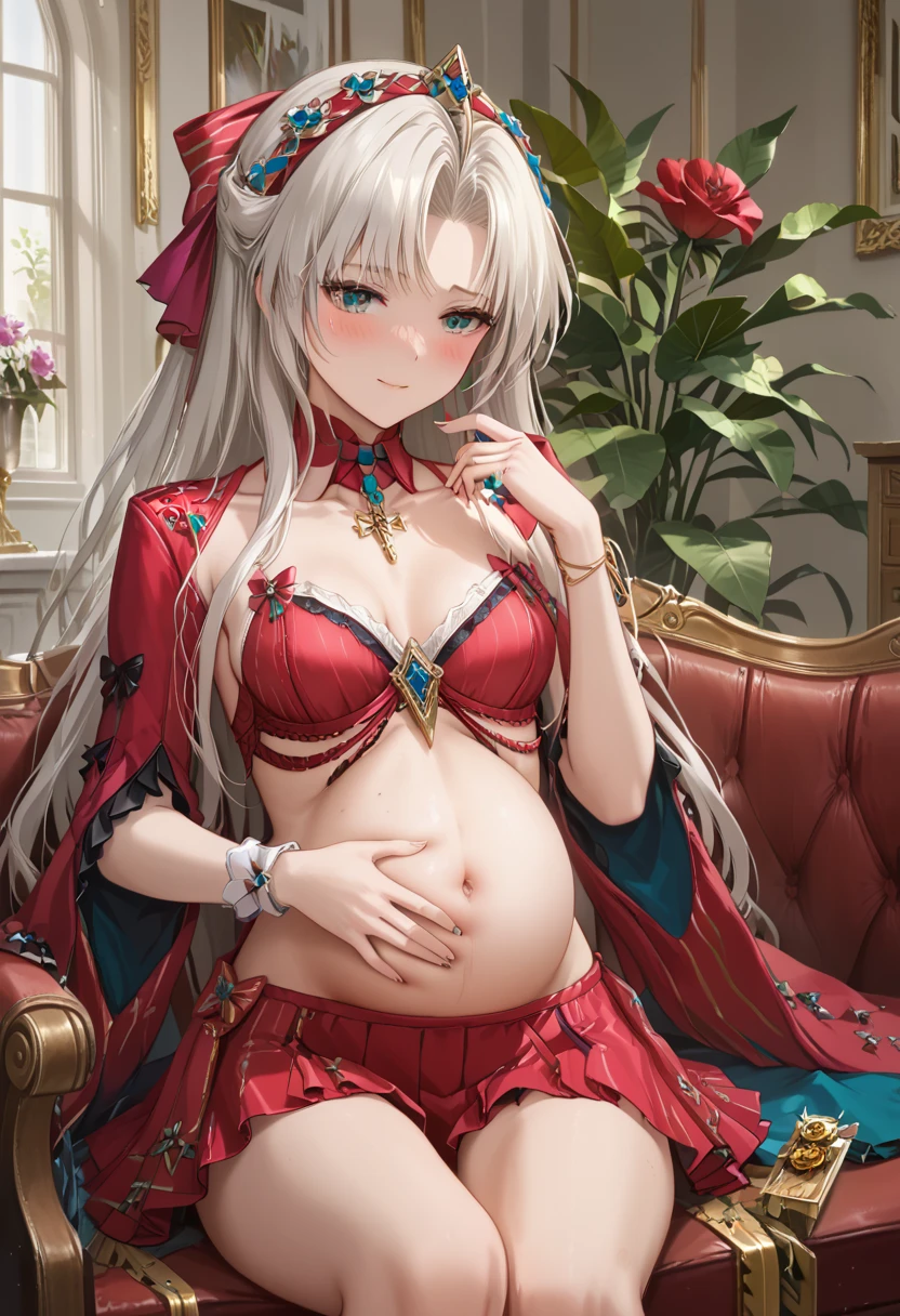 (masterpiece, top quality, best quality, official art, beautiful and aesthetic:1.2),(8k, best quality, masterpiece:1.2), (((masterpiece))),(((best quality))),(((extremely detailed))),illustration,who, (masterpiece, top quality, best quality, official art, beautiful and aesthetic:1.2),(8k, best quality, masterpiece:1.2), young beautiful girl flustered and embarrassed blushing lounging on a sofa, she is holding and looking at her pregnant belly, sh3 stairs at her pregnant belly with concern, she has a flustered and embarrassed while blushing expression, beautiful girl is blushing 1girl,Carlotta\(Wuthering Waves \),Wearing her beautiful mostly white and red outfit, young beautiful girl has with long white hair with red large bow on back of hair,