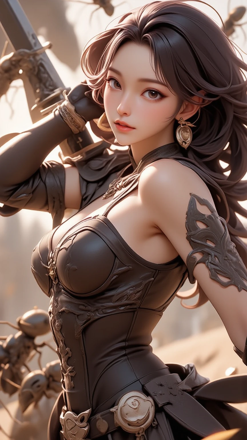 masterpiece, best quality, ultra-detailed, anime style, heroic female warrior, standing bravely against a massive swarm of ants, epic battle scene, strong and determined expression, wind blowing through her hair, sword in hand, dramatic lighting, backlight, insects charging from the distance, ground shaking, cinematic perspective, low angle view, intense atmosphere, fantasy battlefield, 2D anime illustration, cel-shading, bold outlines/sexy, deep cleavage, off-shoulder armor
