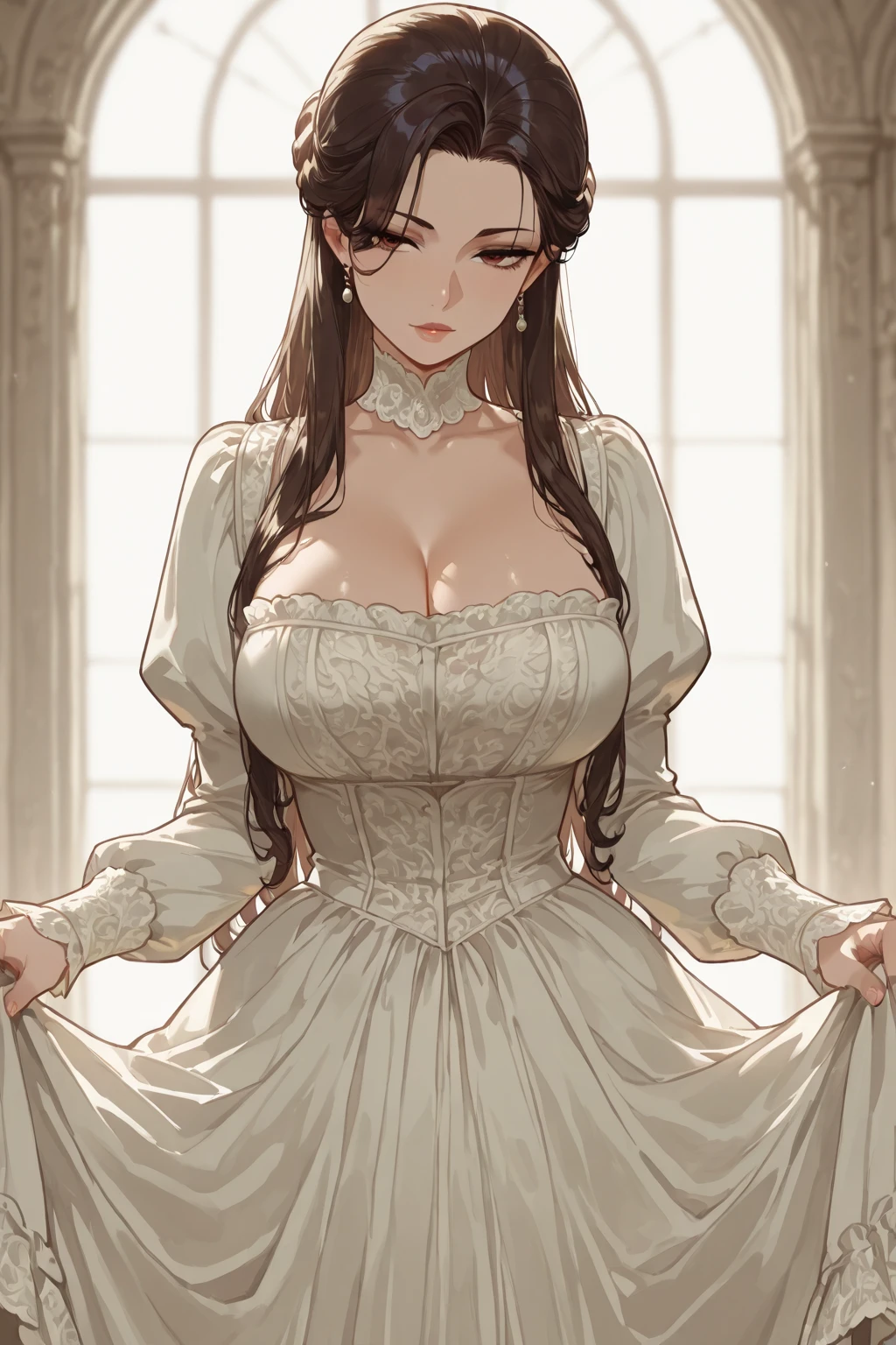 masterpiece:1.5, best quality:1.5, aesthetic, 1girl, sidelocks, cinematic lighting, sharp focus,large breasts , mature female ,16k, glowing eyes, detailed 4k eyes,
playground,seduction,sexy lips, parted lips,detailed lips,
red lips, high detailed background, purple eyes, detailed face,shiny skin,solo
AuntJune, auntjunev2,single hair bun, brown hair, bangs, 
, (black and golden wedding dress:1.6),jewelry, blush,,large breasts, cleavage,full body, long dress, flowers, bridal veil, (bridal gown:1.5),wedding, (golden viel),necklace, long earrings, wedding hall, multiple girls, multiple boys, 
<lora:oil2.0_2-512LORA:0.7>
<lora:add_detail:1>   <lora:AuntJuneV2:0.5>