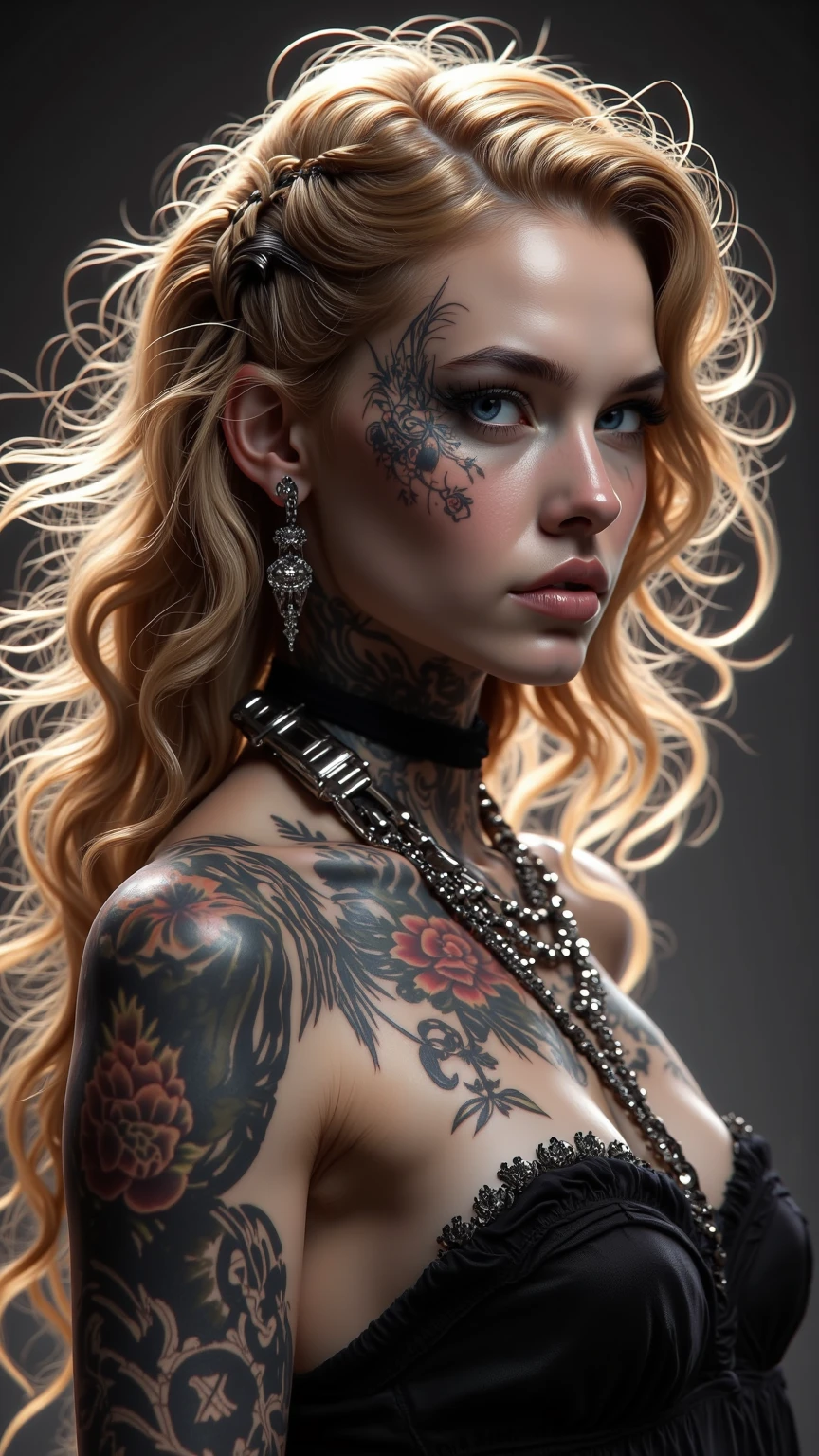 Create a hyper detailed photograph of a tattooed muscular young sexy female , Stunningly perfect gorgeous feminine face, perfect makeup, detailed vibrant eyes, long flowing hair, big beautiful muscular legs, big beautiful muscular arms, perfect hour glass body figure, detailed smooth skin, large breast, perfect round ass, complete full body view, bondage chains, nude,