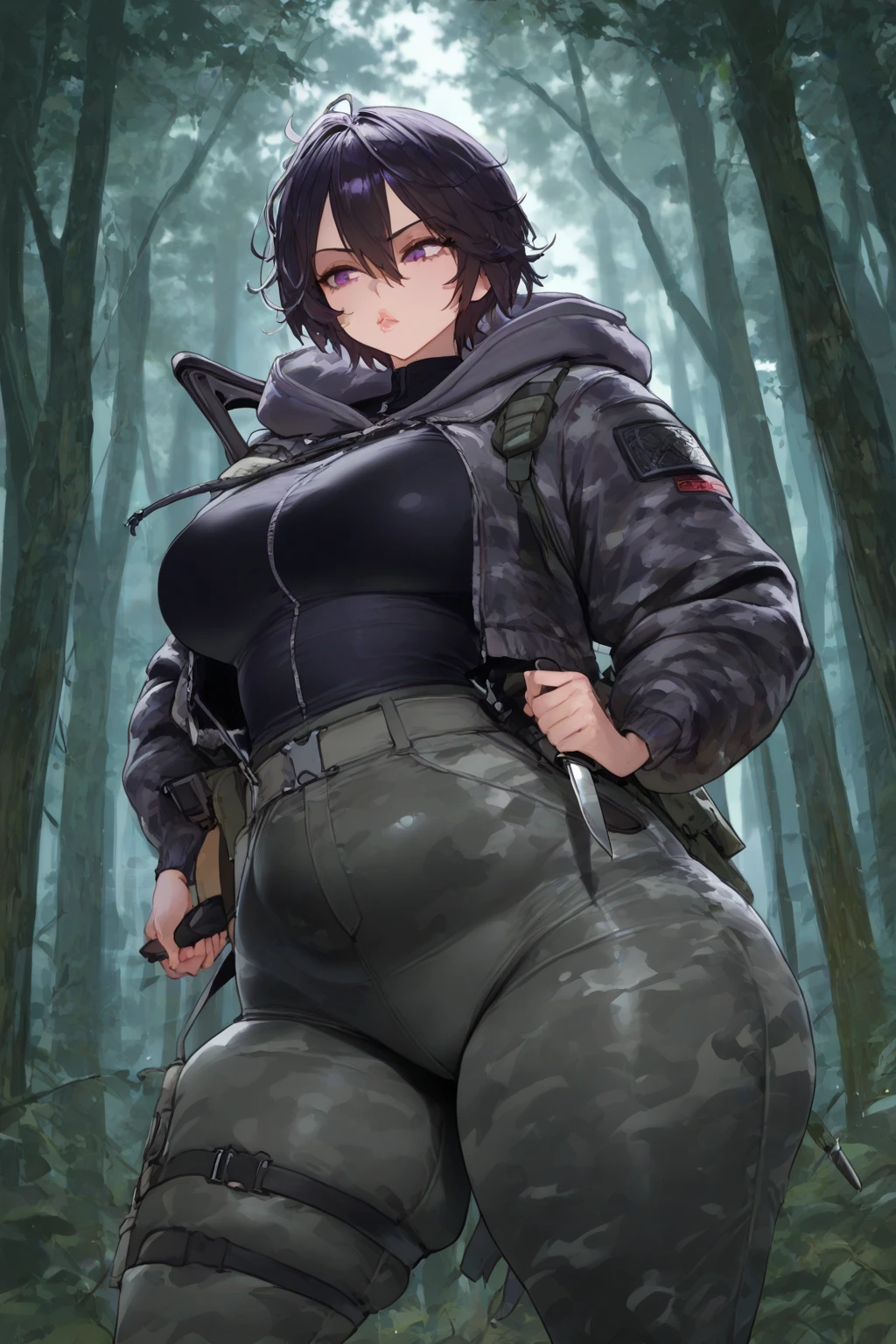 art by kipteitei, 1girl, dark green hair , hair in pony tail, maki zenin from the anime jujutsu kaisen, big plump belly, huge belly, pretty face, nose, lips, beautiful eyes, circle glasses, (best quality, masterpiece, 4k, sharp focus), professional photograph, sharp focus, dramatic, award winning, cinematic lighting, octane render, unreal engine, volumetrics dtx,