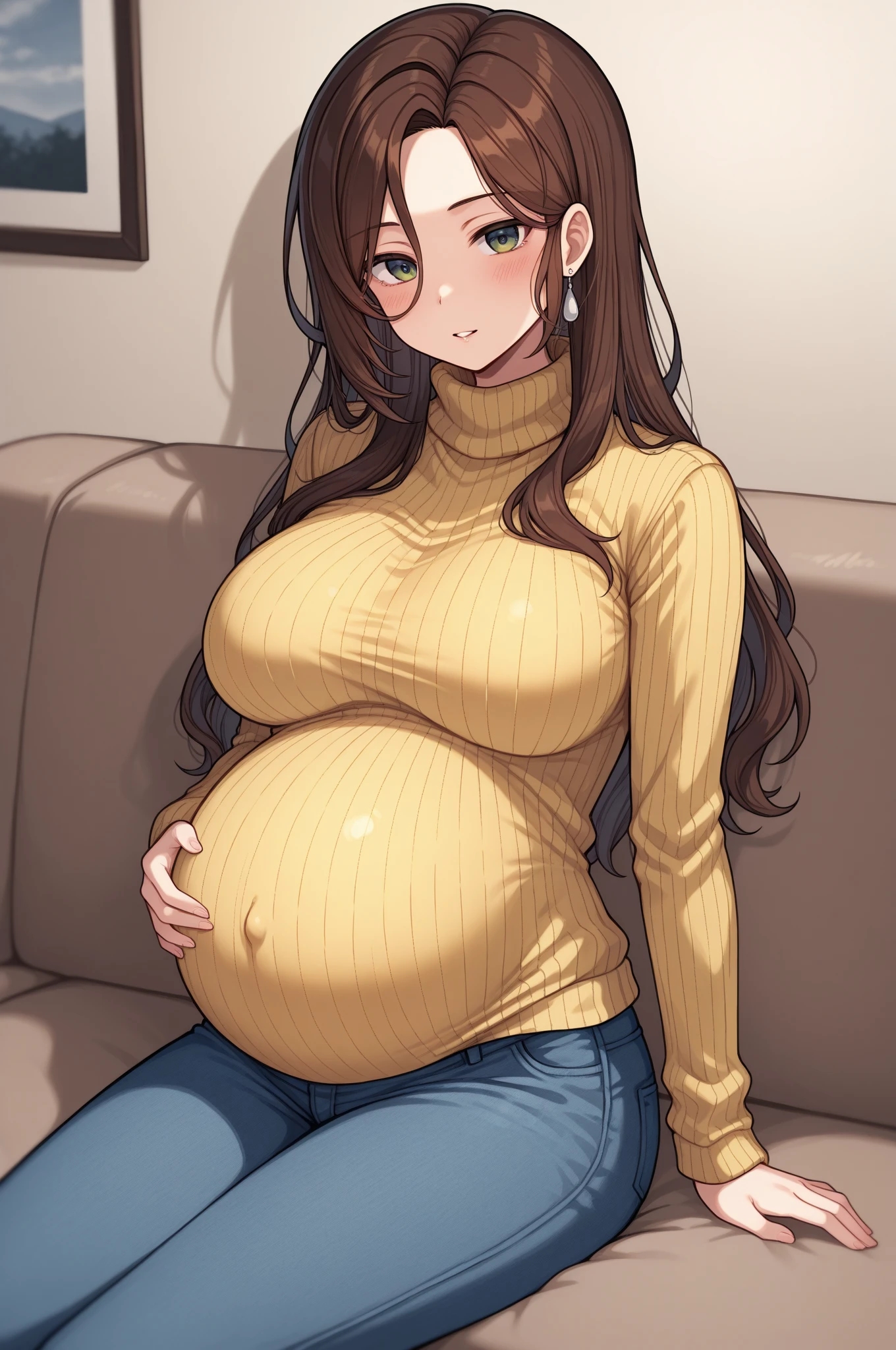 A pregnant woman wearing loose and comfortable maternity clothes stands in a warm and cozy home scene。Tight jeans and high heels are scattered in the corners of the room，Emphasizes the importance of comfort in maternity wear。