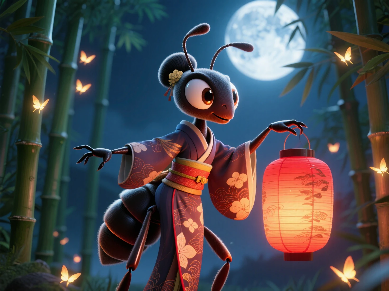 A charming, anthropomorphized carpenter ant (Camponotus) in a flowing, stylized kimono-like pattern on its abdomen, striking a graceful geisha-inspired pose under a glowing, red chōchin (lantern). The background features a moonlit bamboo grove (takebayashi), with fireflies (hotaru) providing subtle, ethereal light. The ant's eyes are large, expressive, hinting at wisdom and allure.

Keywords: 3D Japan anime style, artistic, anthropomorphic ant, kimono pattern, geisha pose, glowing chōchin, bamboo grove, fireflies, expressive eyes, moonlit.
