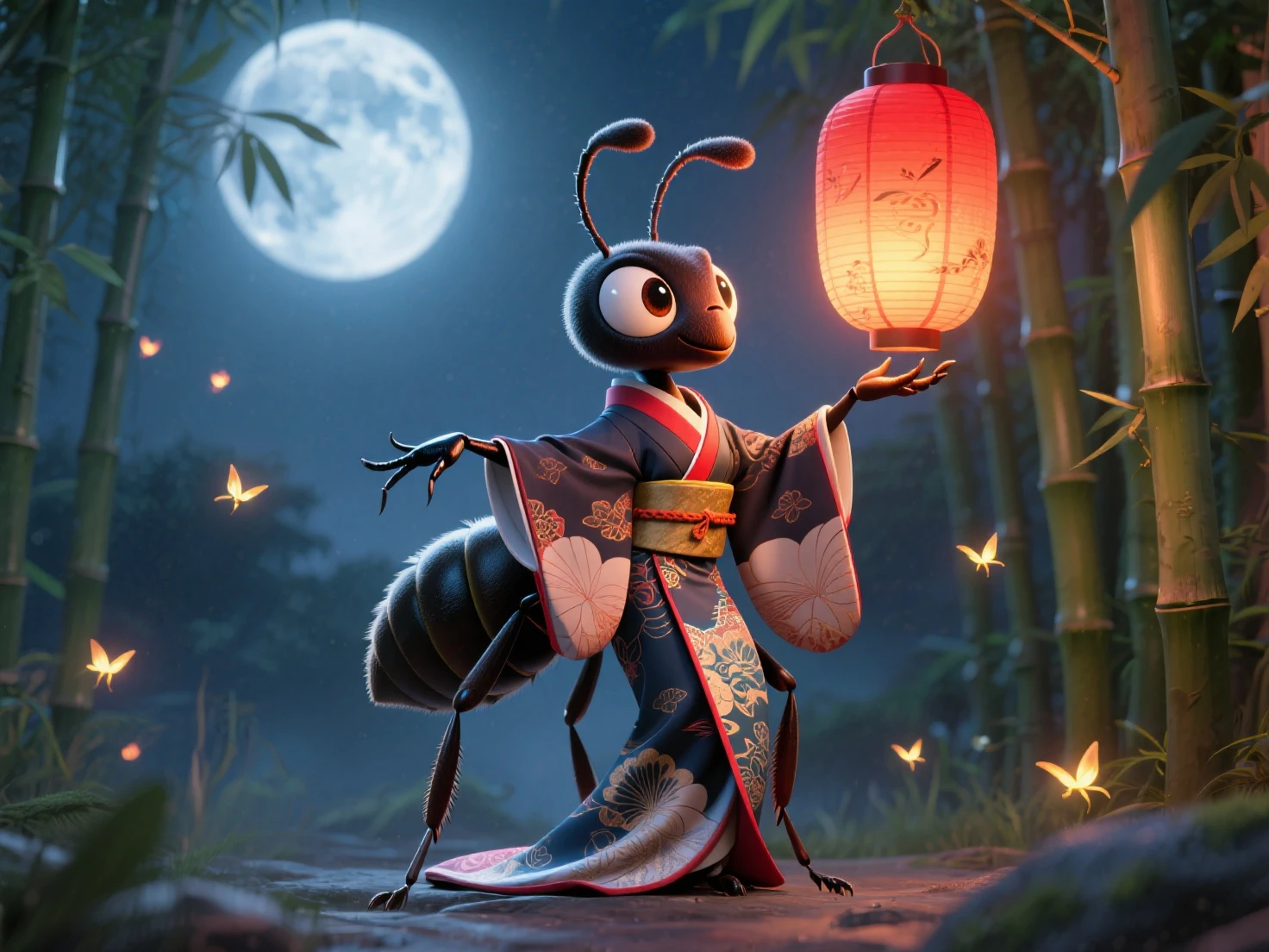 A charming, anthropomorphized carpenter ant (Camponotus) in a flowing, stylized kimono-like pattern on its abdomen, striking a graceful geisha-inspired pose under a glowing, red chōchin (lantern). The background features a moonlit bamboo grove (takebayashi), with fireflies (hotaru) providing subtle, ethereal light. The ant's eyes are large, expressive, hinting at wisdom and allure.

Keywords: 3D Japan anime style, artistic, anthropomorphic ant, kimono pattern, geisha pose, glowing chōchin, bamboo grove, fireflies, expressive eyes, moonlit.