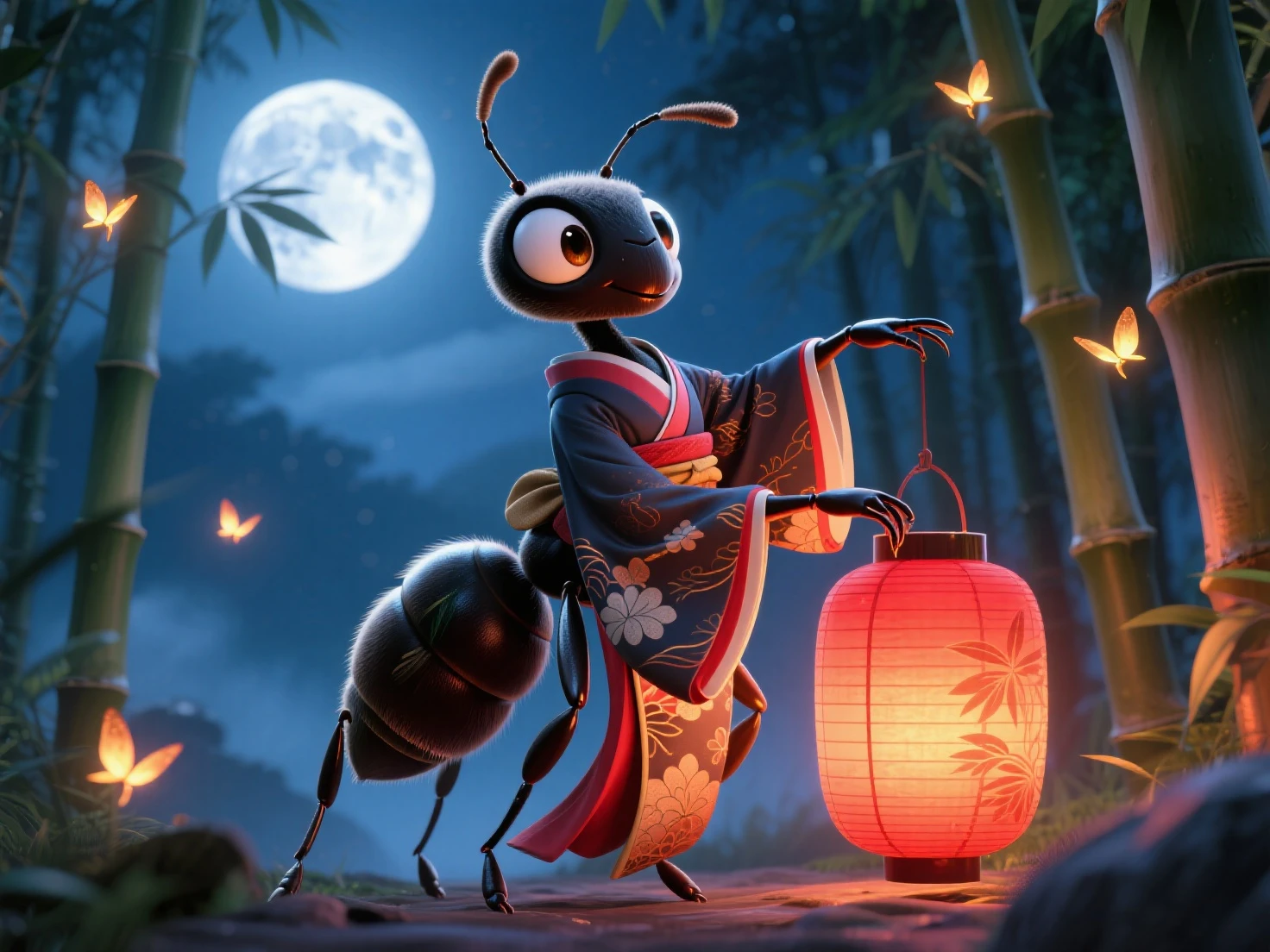 A charming, anthropomorphized carpenter ant (Camponotus) in a flowing, stylized kimono-like pattern on its abdomen, striking a graceful geisha-inspired pose under a glowing, red chōchin (lantern). The background features a moonlit bamboo grove (takebayashi), with fireflies (hotaru) providing subtle, ethereal light. The ant's eyes are large, expressive, hinting at wisdom and allure.

Keywords: 3D Japan anime style, artistic, anthropomorphic ant, kimono pattern, geisha pose, glowing chōchin, bamboo grove, fireflies, expressive eyes, moonlit.