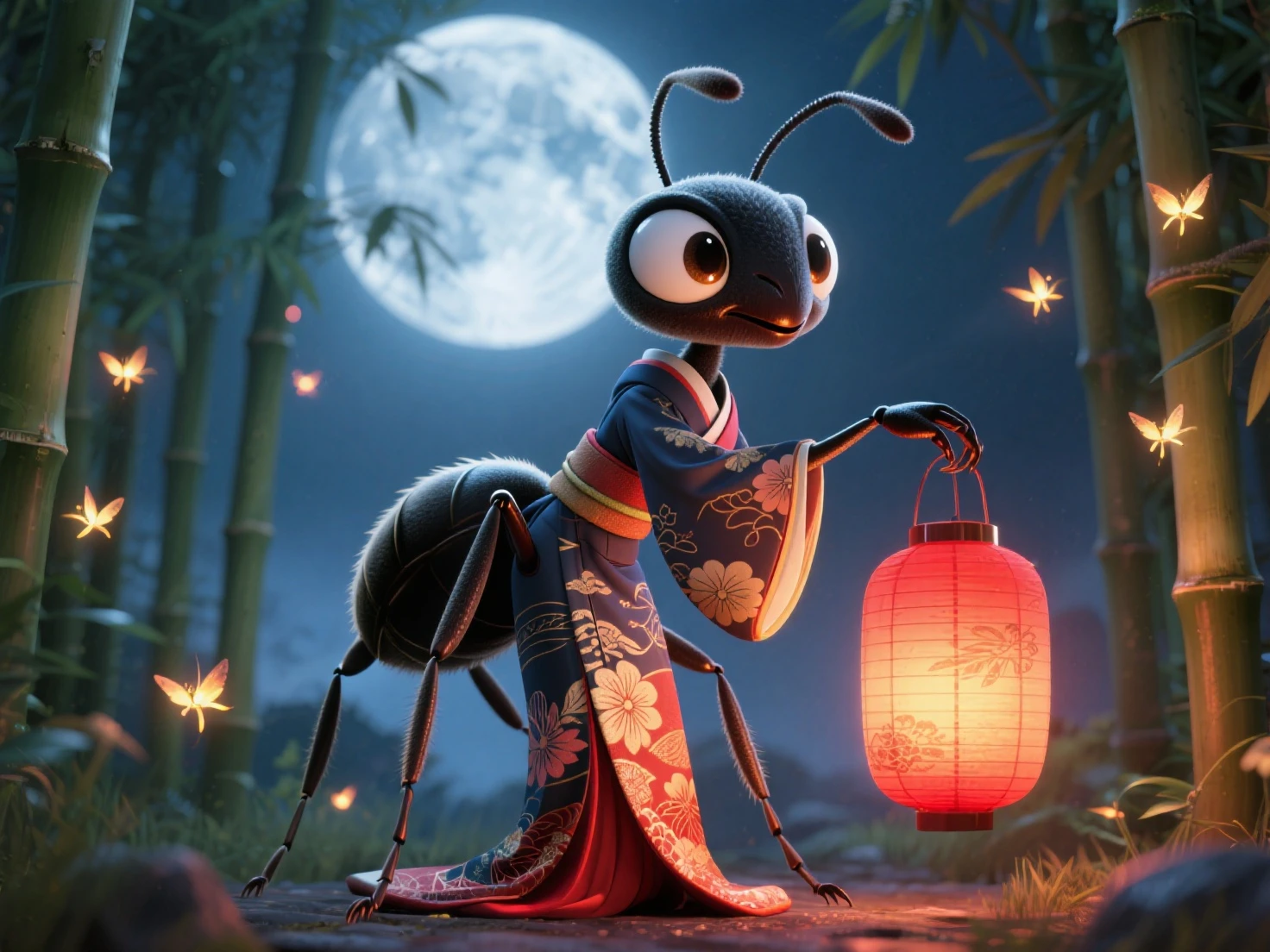 A charming, anthropomorphized carpenter ant (Camponotus) in a flowing, stylized kimono-like pattern on its abdomen, striking a graceful geisha-inspired pose under a glowing, red chōchin (lantern). The background features a moonlit bamboo grove (takebayashi), with fireflies (hotaru) providing subtle, ethereal light. The ant's eyes are large, expressive, hinting at wisdom and allure.

Keywords: 3D Japan anime style, artistic, anthropomorphic ant, kimono pattern, geisha pose, glowing chōchin, bamboo grove, fireflies, expressive eyes, moonlit.