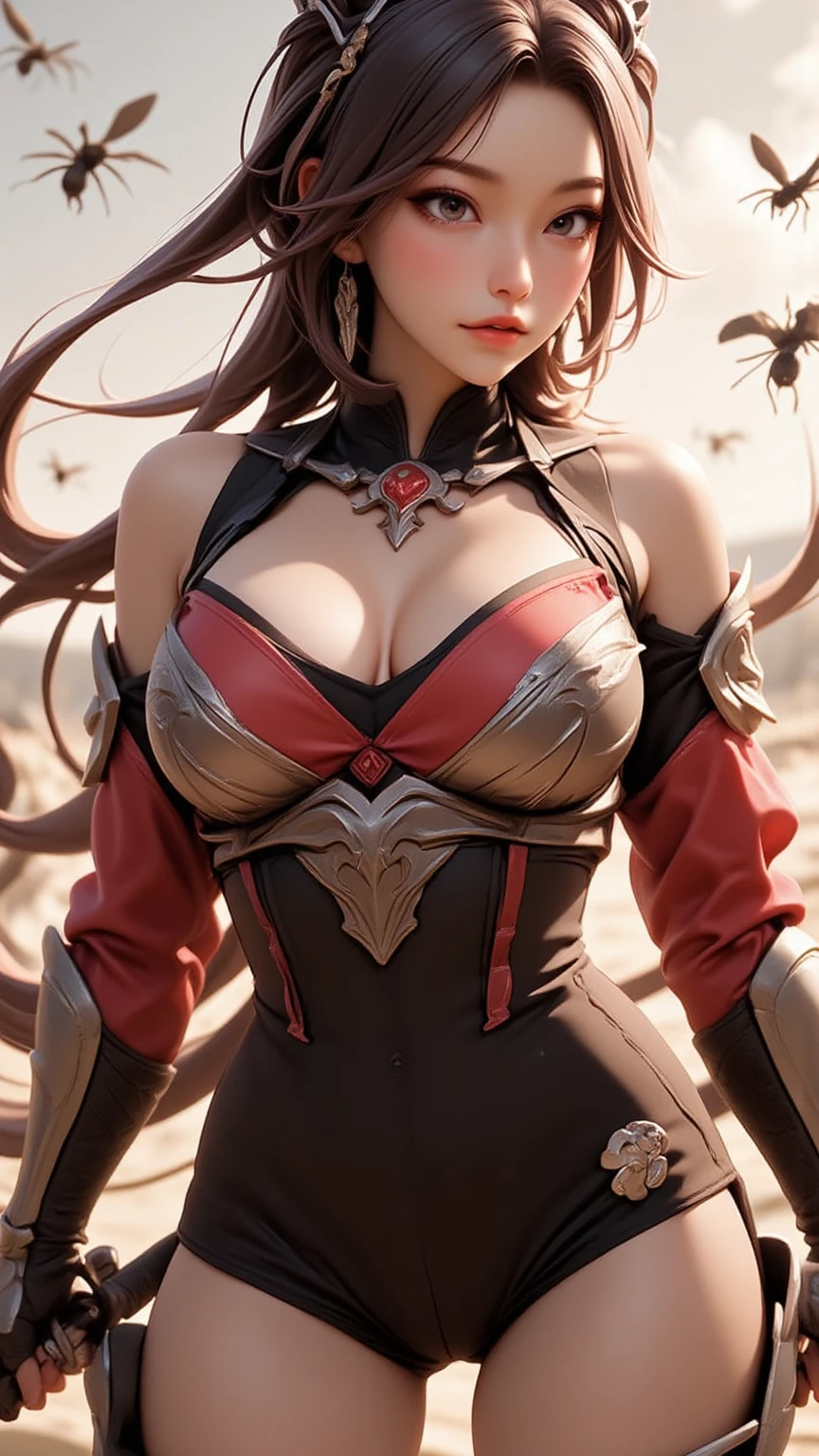 ((Masterpiece, highest quality)), detailed face, character sheet, Full body, 1girl, High quality,Best quality,Ultra-detailed,high resolution,female warrior in red outfit with filigree shiny rustic golden off-shoulder armor and holding a ornate polearm, tall sexy lady, red hair, long hair, High ponytail,Blue eyes,breasts,tiara,armor, weapon, polearm, armor, Open Chest, tight micro miniskirt,high heels, holding weapon, breasts,cleavage, full body, holding,full of details, multiple poses and expressions, highly detailed, many parts,((three sided view, front view, side view, back view, full body,simple background, gray background,multiple views,highres)), illustration, charturnbetalora, concept art, character concept art,LnF