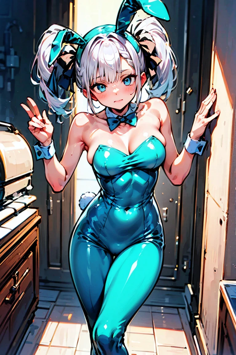 masterpiece, best quality, ultra-detailed, illustration, colorful, flat color, depth of field, lens flare, 1girl, sona \(league of legends\), , huge , all fours, blue hair, blue eyes, gradient hair, twintails, hair ornament, anime, (shortstack), (shortstackBT), (closeup, cowboy shot, view from below), (upper body), open shoulders, cleavage, looking at viewer, (black leotard, playboy bunny, black pantyhose, detached cuffs, detached collar), short height, detailed fabric texture, beautiful detailed face, smile, seductive, alluring attire, collarbone, (gigantic breasts, saggy breasts, huge breasts, curvy, voluptuous, curvaceous), (hands on hips), makeup