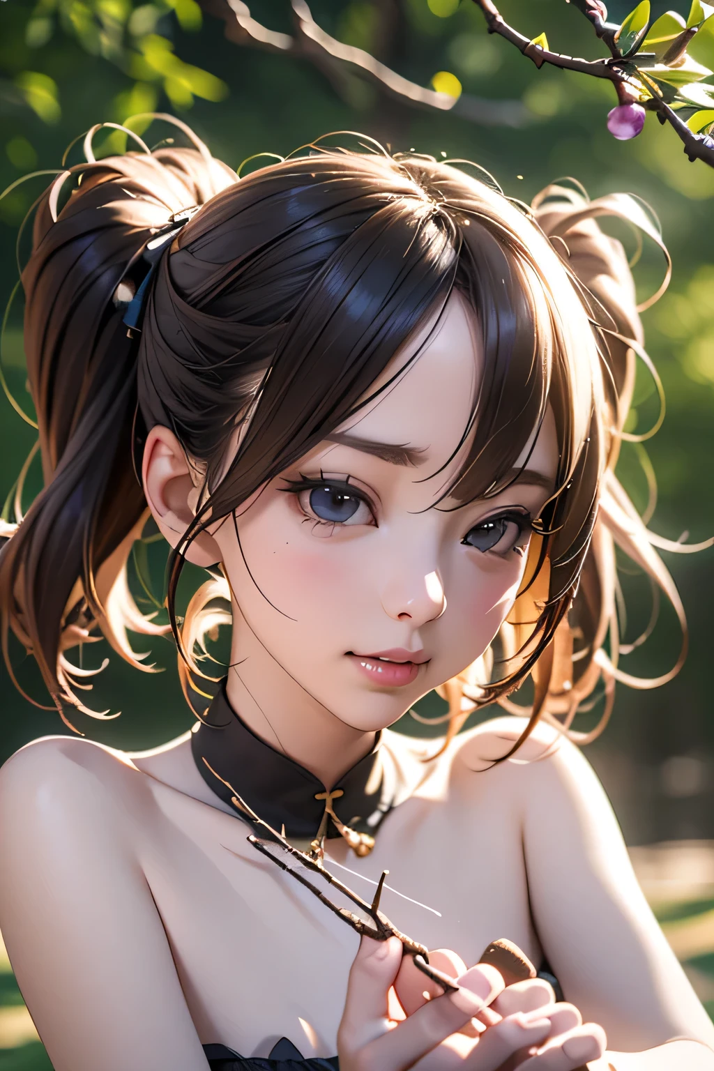 detailed eyes, mascara, best quality, masterpiece, 1girl, chestnut hair, intricate swimsuit, cyberpunk, waist up, detailed face, beautiful eyes, smiling, beach, vibrant, sharp focus,