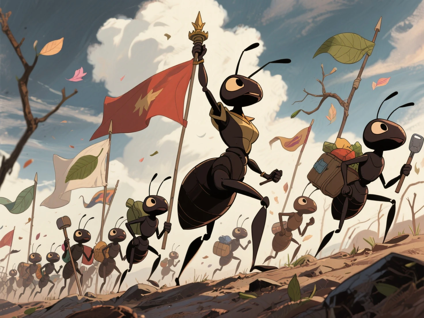 anime style,In a stylized, deformed art style, a group of heroic cartoon ants embark on a journey to a new colony. The scene is composed like the painting Liberty Leading the People. At the center stands a proud and majestic queen ant, larger than the others, raising one of her forelegs like a banner, leading the way. Around her are various worker ants, each carrying supplies or tools, marching with determination. The background shows a rugged terrain under a dramatic sky, symbolizing hope and struggle. The composition is dynamic and full of motion, with flags made of leaves, twigs, or petals fluttering. The queen's expression is noble, and the worker ants look up to her with trust and purpose.