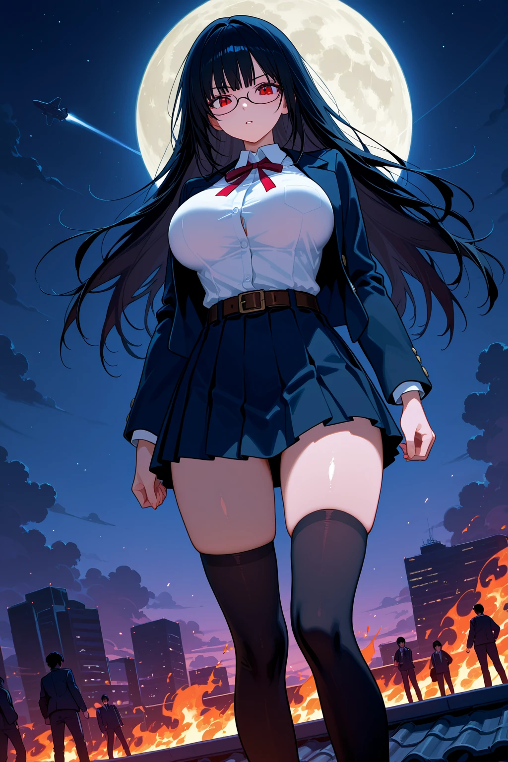 (beste-Qualit), (tmasterpiece), (Gloomy color scheme:1.5), ((Close-up of a girl in a school uniform with a short skirt)), 1girl in a short plaid skirt, androgynous vampire, junji ito 4 k, with long dark hair, ito junji art, style of junji ito, Dark Costume, portrait of sadako of the ring, Gentle androgynous princess , Beautiful androgynous princess , with her long black hair, girl in suit, stocklings, (big yellow eyes:1.3), fangs, detailing, (generous cleavage), Burst breasts, extra high resolution, 8K, (The blood on her lips runs down her neck), (Lovely Medium Breasts), perfect ???????, (Gloomy color scheme:1.5), (shapely body), Microthongs, Beautiful slender legs, sexypose, (Hands Behind Your Back:1.2), (Looking down), (The gaze is directed downwards), (Night Sky Background: Red Moon)