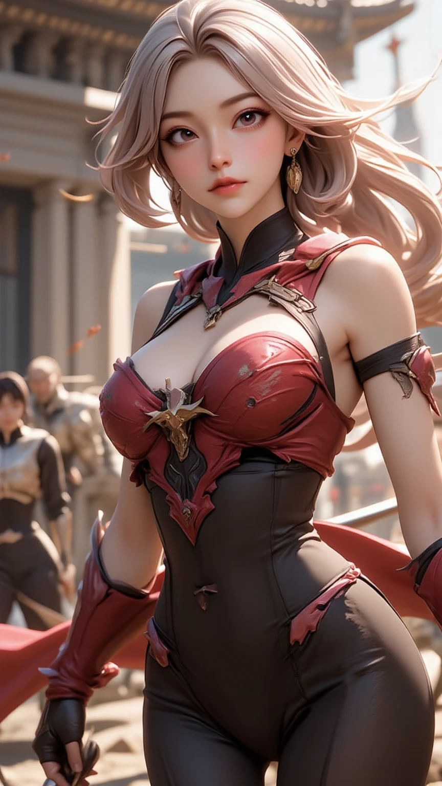 from behind,(Cinematic scene,Fantasy Art,Highest image quality,portrait of ultra realistic,(8K),Ultra-realistic,Best Quality,High quality,High Definition,high quality texture,high detailing,Beautiful detailed,fine detailed,extremely details CG,Detailed texture,realistic representation of face,masutepiece,presence,Dynamic,Bold),1gir,Ultra detailed skin,Curve,Petite,Beautiful breasts,Large breasts,pale skin,pointed breast,Erect nipples,(super thin hair),(ultra soft hair),(ultra straight hair),Swept long bangs,very light coppery amber hair,Hair over one eye,gymnastic suit