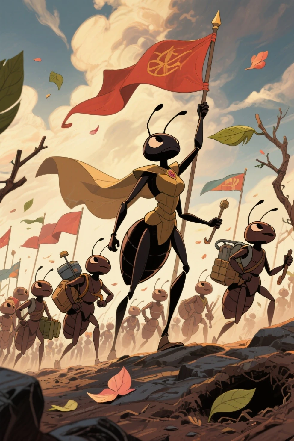 anime style,In a stylized, deformed art style, a group of heroic cartoon ants embark on a journey to a new colony. The scene is composed like the painting Liberty Leading the People. At the center stands a proud and majestic queen ant, larger than the others, raising one of her forelegs like a banner, leading the way. Around her are various worker ants, each carrying supplies or tools, marching with determination. The background shows a rugged terrain under a dramatic sky, symbolizing hope and struggle. The composition is dynamic and full of motion, with flags made of leaves, twigs, or petals fluttering. The queen's expression is noble, and the worker ants look up to her with trust and purpose.