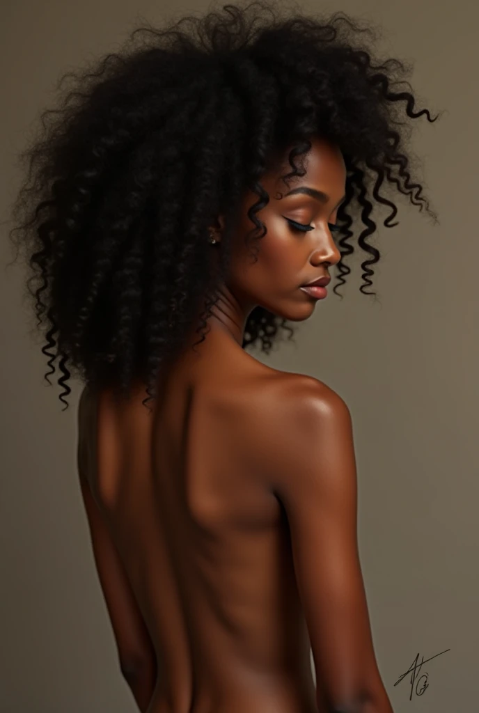 best quality, ultra high res, (photorealistic:1.4), masterpiece, 1girl, brown skin color, brown_eyes, from_behind, fur_trim, hair_over_one_eye, lips, long_hair, make up, looking_at_viewer, looking_back, nose, photo_\(medium\), photorealistic, realistic, solo, teeth, naked_upper_body, nsfw, beautiful